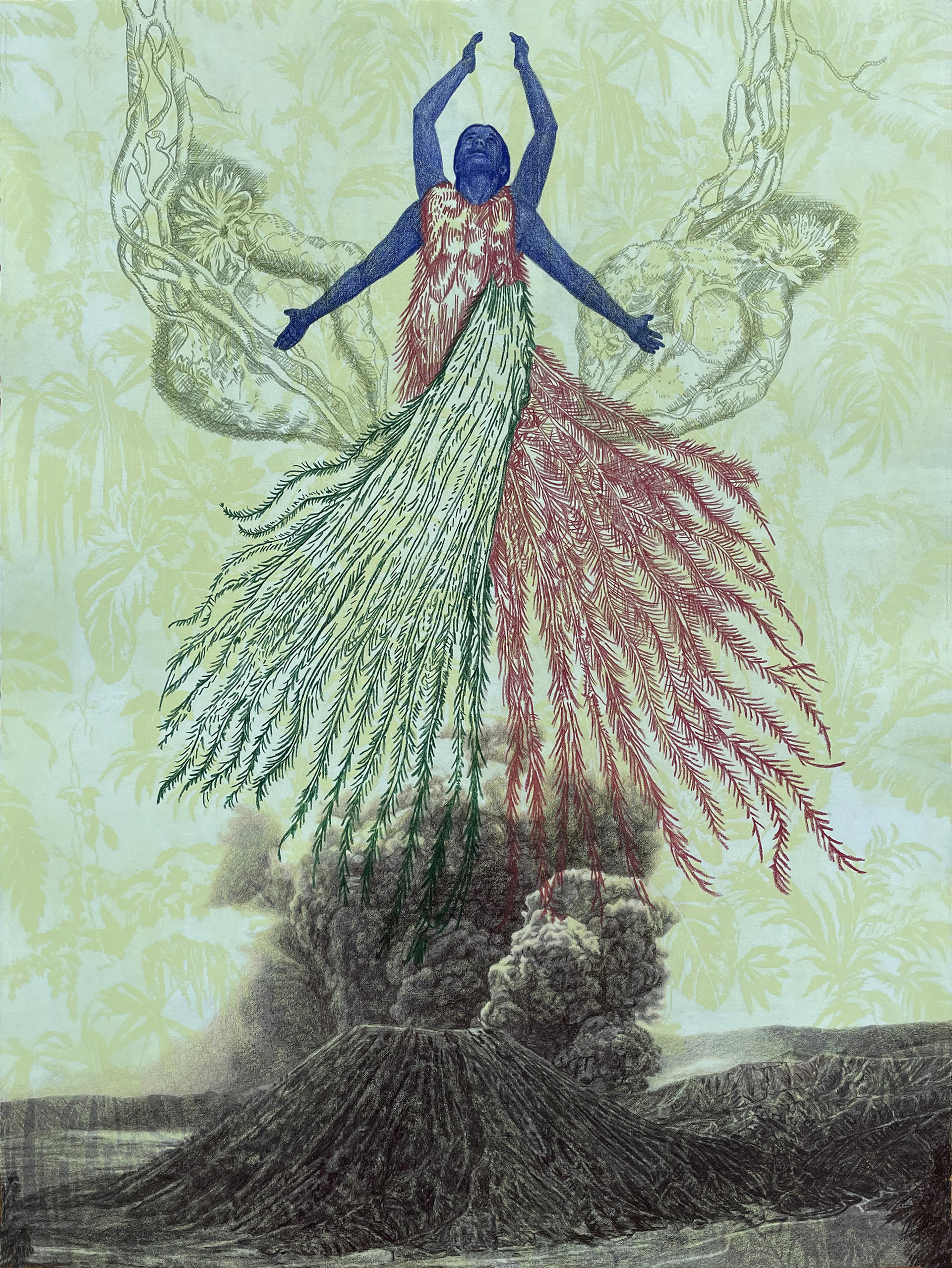 A figure with two sets of arms gesticulates to the sky and the earth. Her gown is composed of feathers in red and green. Two biomorphic forms in green flanks the figure. Beneath, a volcano smokes, transitioning into the figure.