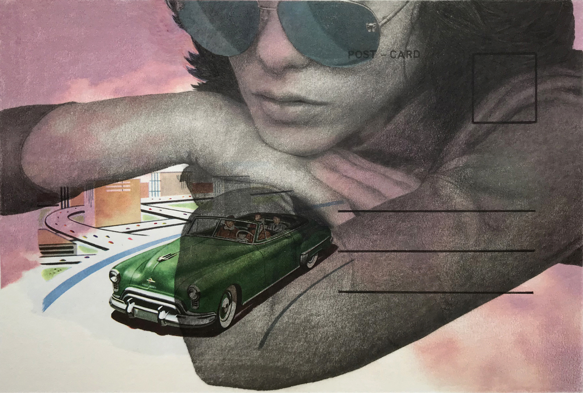 A woman in aviator sunglasses leans over a mid-century illustration styled postcard of a city and a convertible.