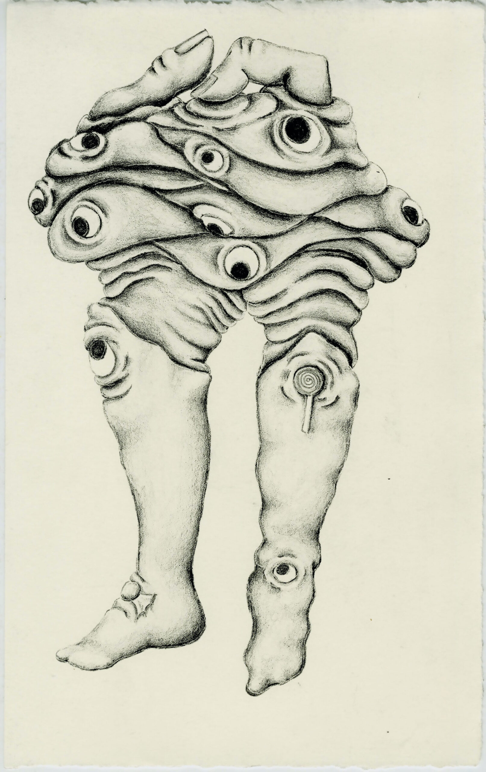 A bipedal composite creature populates the page composed of fleshy folds with many eyes and two fingers like arms at the top.