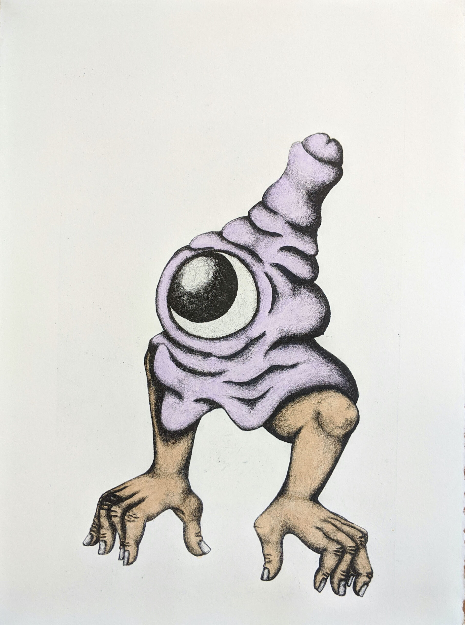 A composite creature with two arms for legs and a melty lilac body with a single eyeball, topped with a penis.