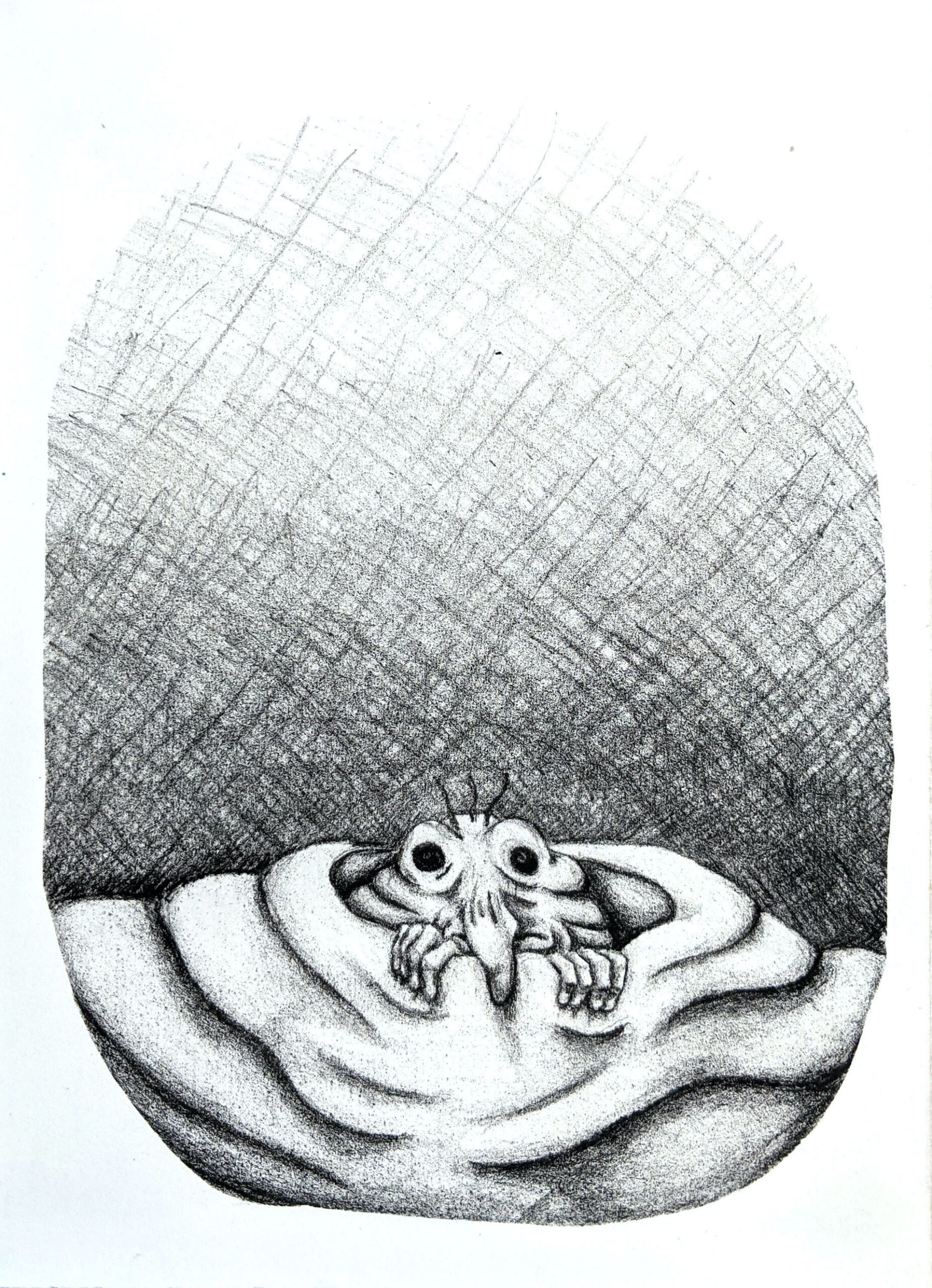 A wrinkly, rodent-like figure peers out of a mound of flesh-like folds.