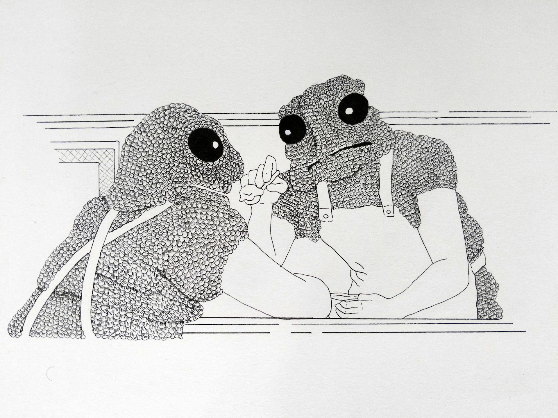 Two bug eyed, scaled figures in overalls are at a counter or table where one is spoon-feeding the other.