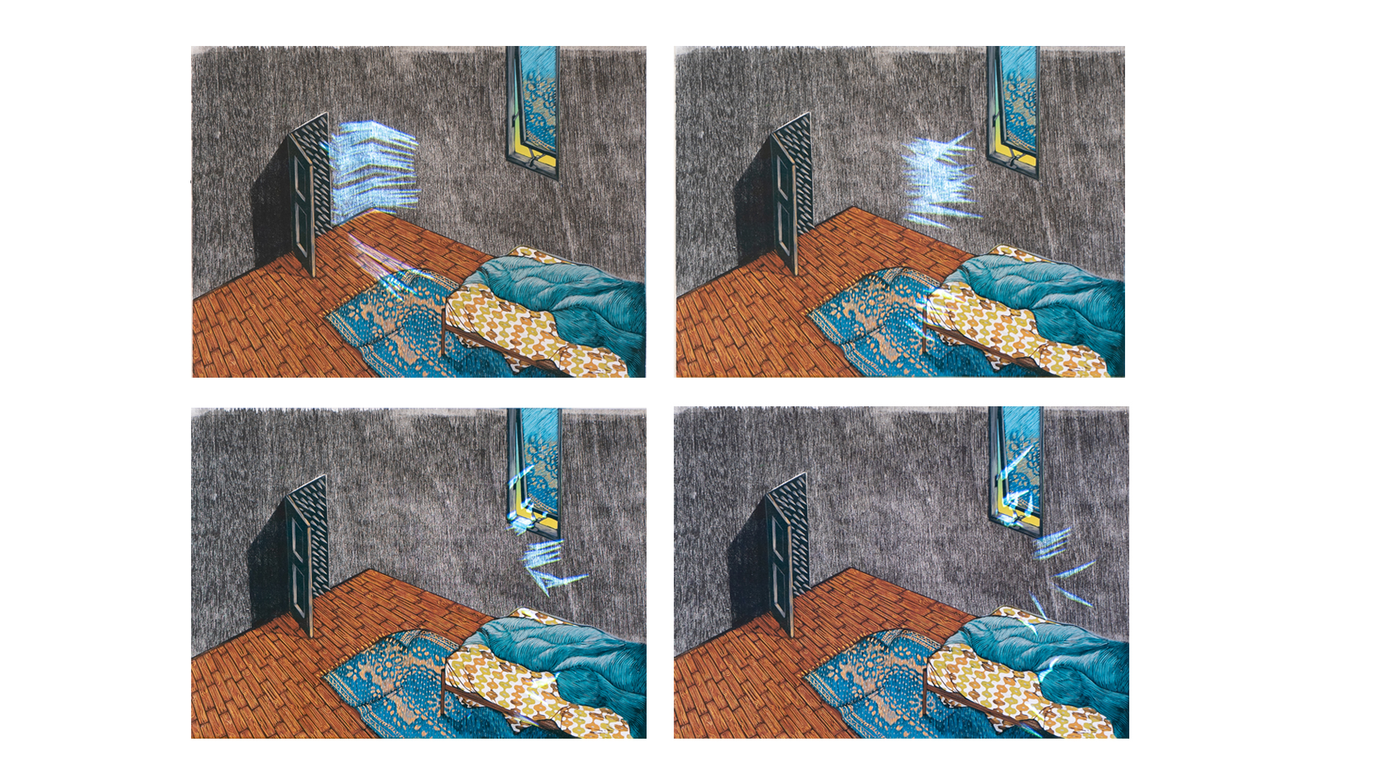 Stills from a stop motion film. A room with an open door, a bed with someone sleeping under a blanket, a rug on the floor, wooden tiles, and a half-open window reflecting the rug, all made of woodcut print in colorful.