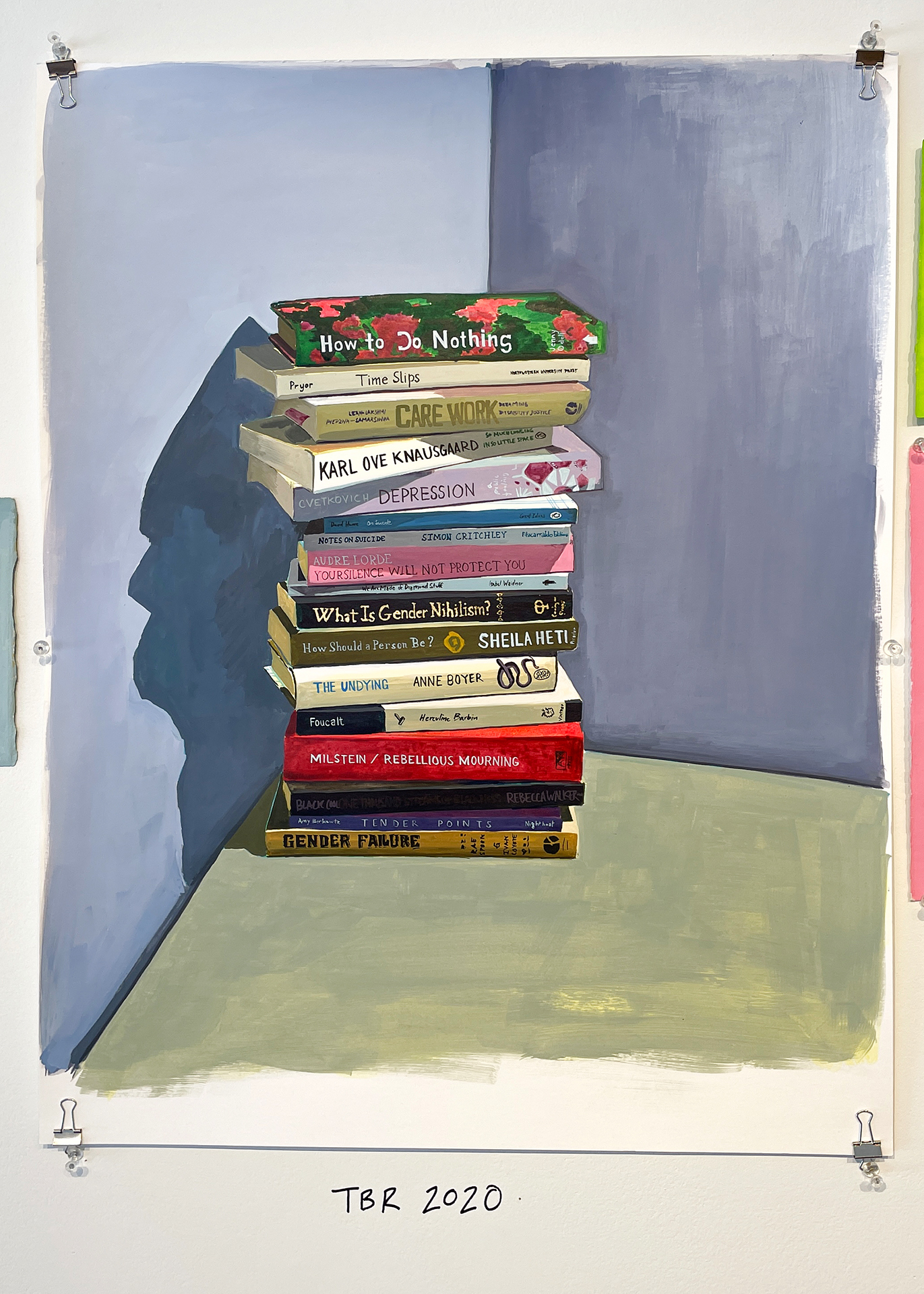 A painting of a stack of books, many focusing on gender and work