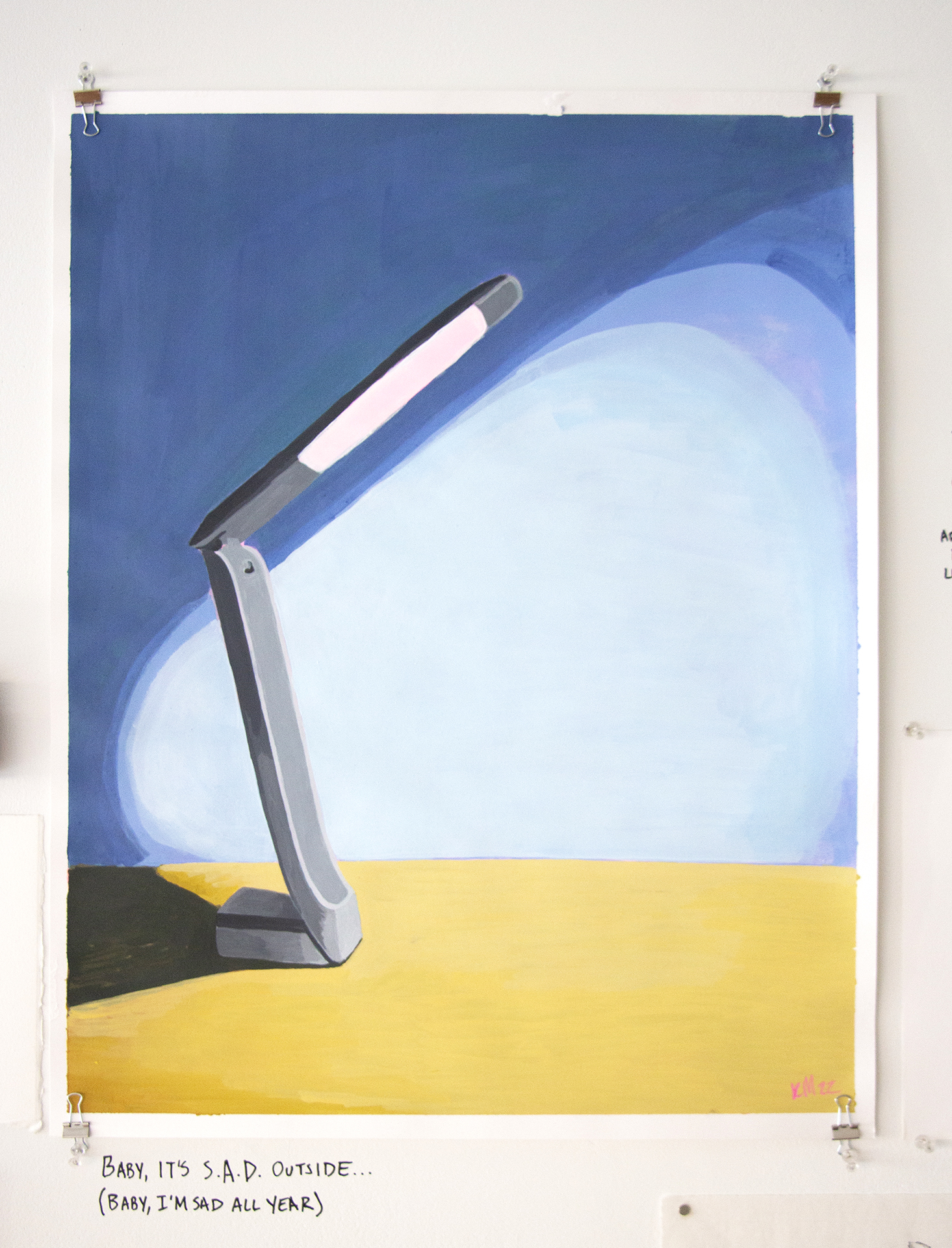 A painting of a desk sun lamp to treat seasonal affective disorder