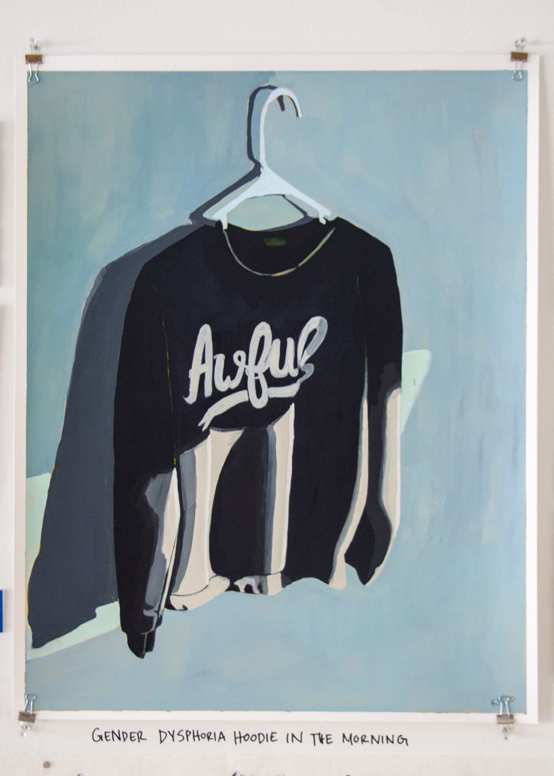 A depiction of a hoodie on a hanger with the text "Awful" on the chest.