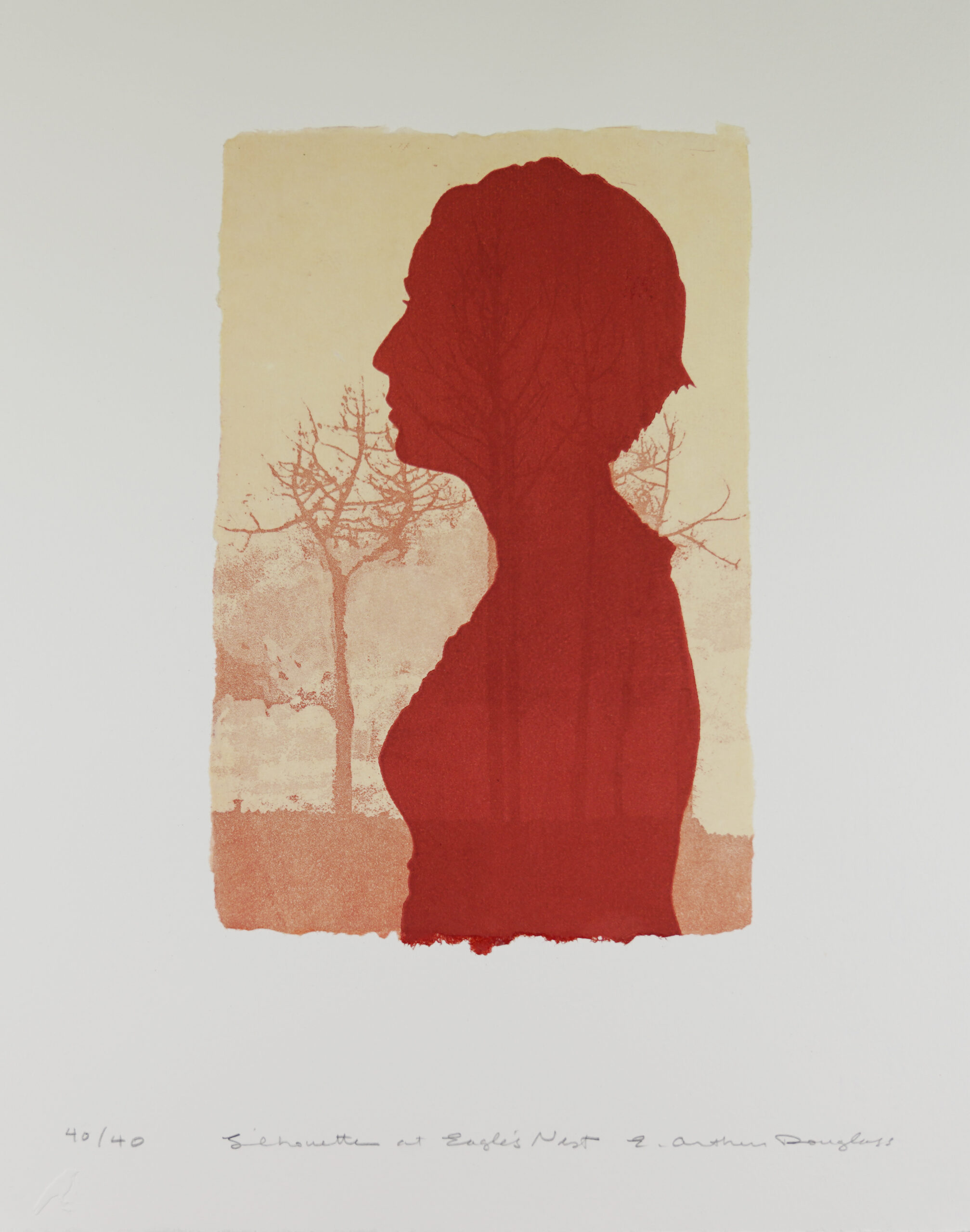 A silhouette in red ink overlays a landscape in warm colors. Imagery is printed on cream colored hand made paper with irregular edges that is mounted on white paper.