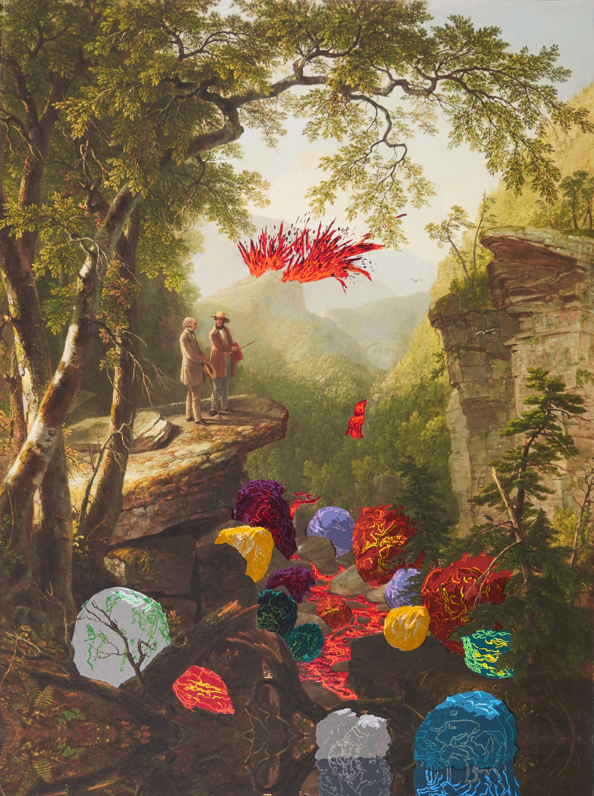 A bucolic, 18th century style landscape of two figures at the edge of a cliff overlooking a river and mountain range is confronted by intensely colored, almost psychedelic stones and a red stream and a volcanic explosion from one of the mountains in the middle ground.