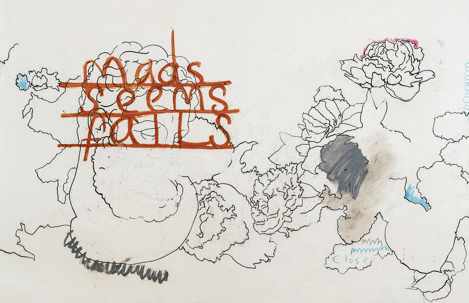 A line drawing (trace monotype) of flowers and the head of Herakles. On top of the head are the words “mads, seems, fails”. Some colorful scribbles appear around the composition.