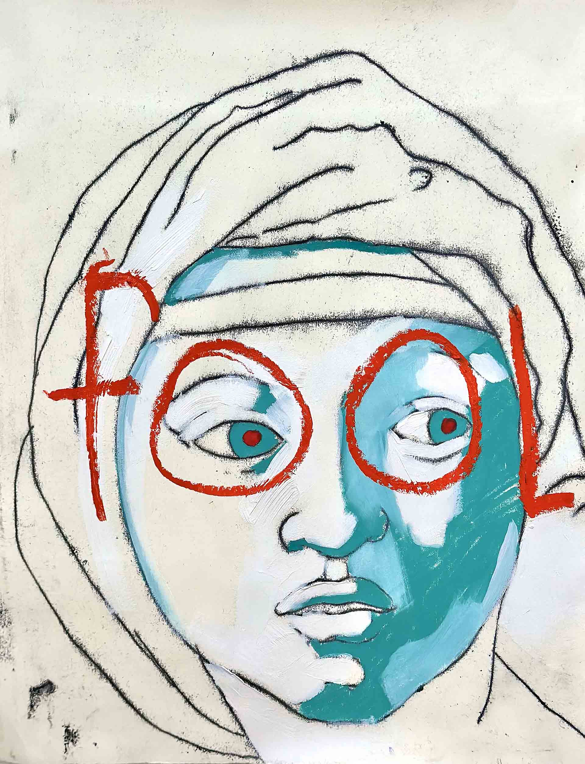 A trace monotype drawing of the face of a woman wearing a shawl over her head. The shadows are painted in green and in bright red the word “fool” covers the face, the O’s over each eye, like glasses.