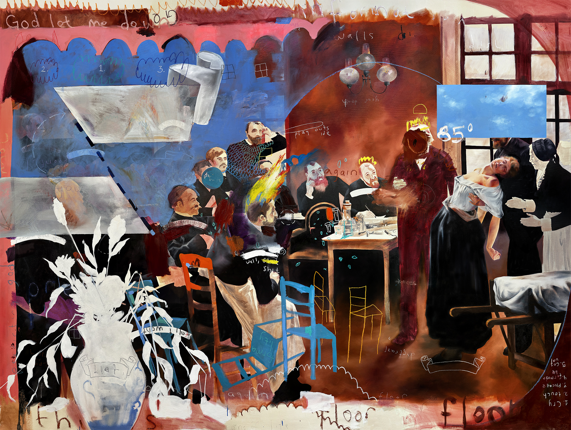 A large oil painting of a classroom scene with a group of men to the left and a woman being shown in a state of hysteria on the right, after the painting “Clinical lesson at la Salpetriere”. Atop are crude marks, outlined simple chairs, paintings of clouds, a silhouette of a vase with flowers, and the words “god let me down” at top left.