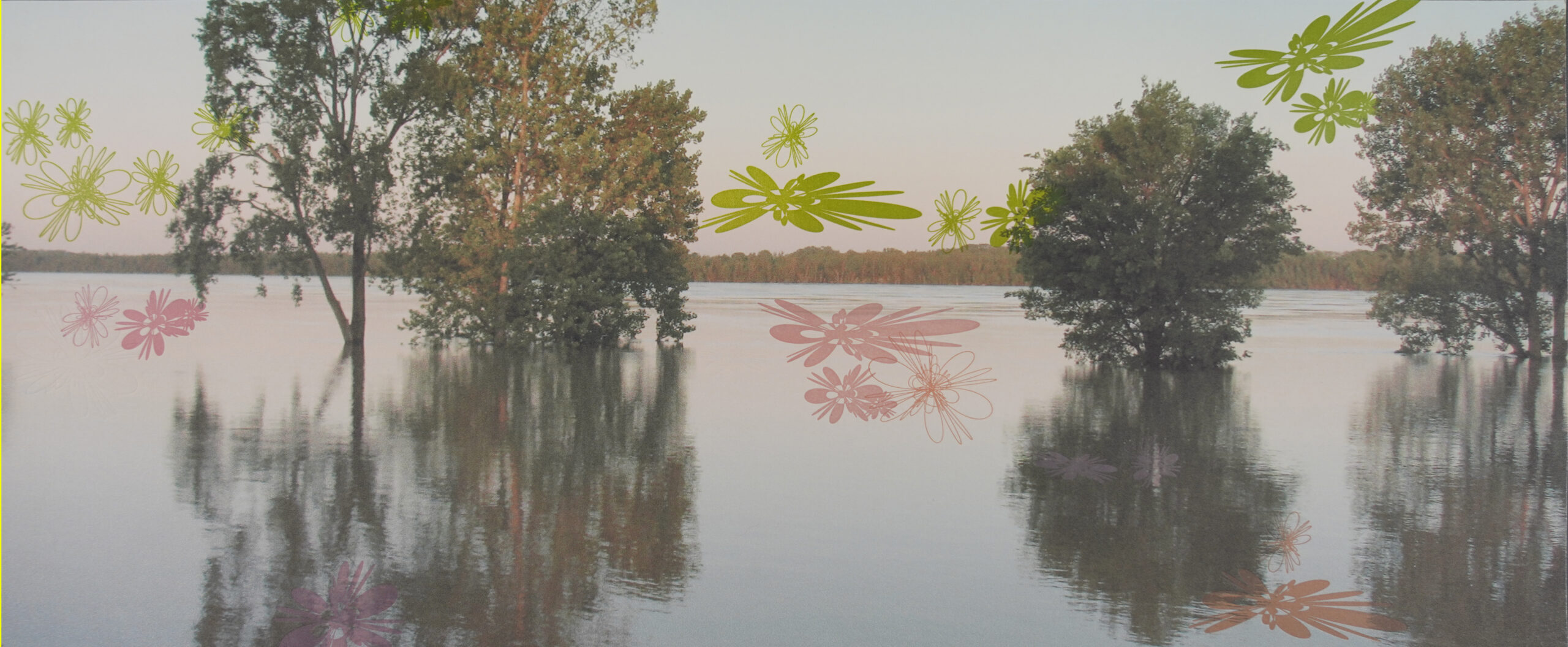 Flower-like shapes in lime green and pink float among a photo of a tranquil, flooded landscape