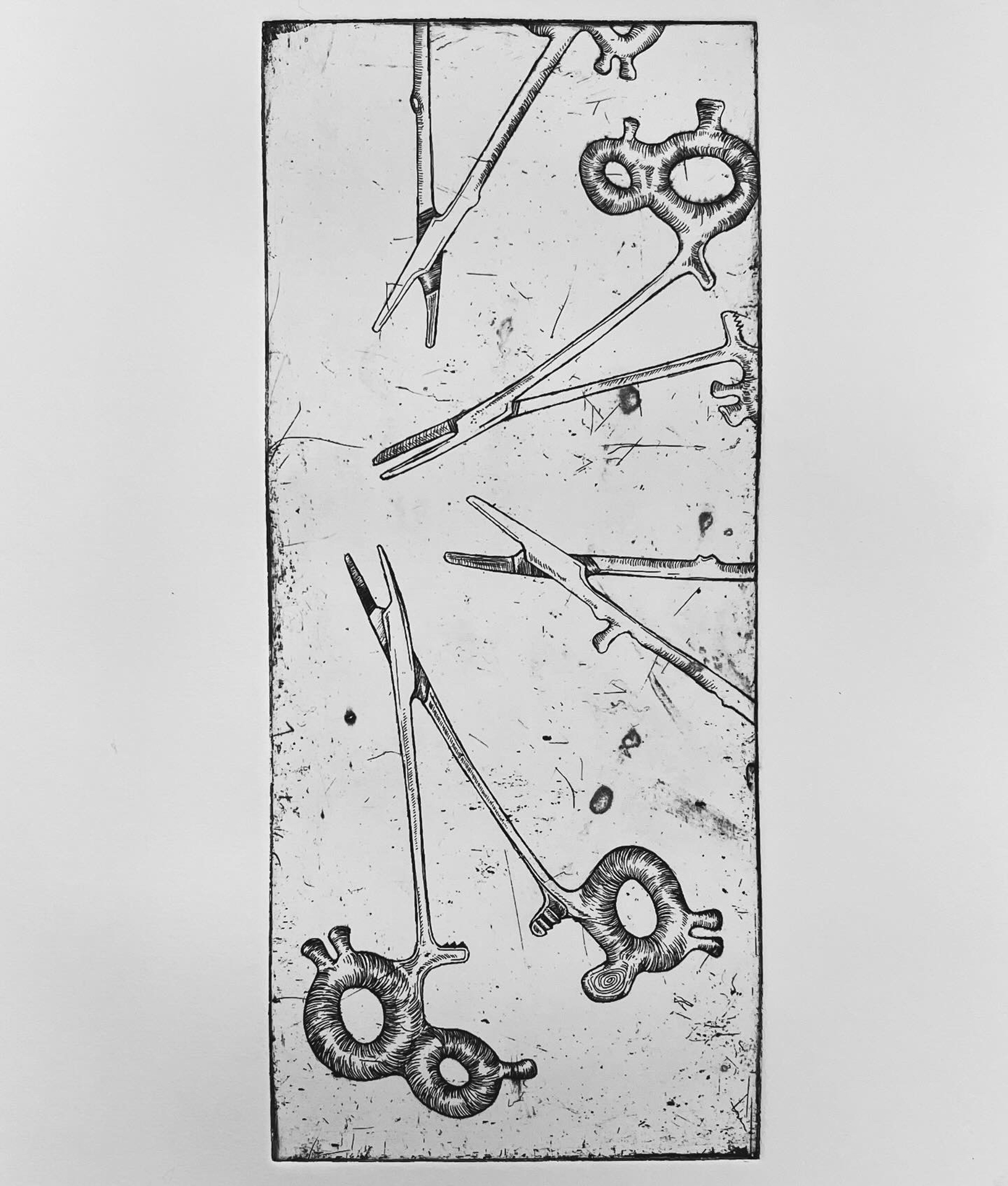 Forceps and medical scissors with cell form handles converge on the center of this composition.