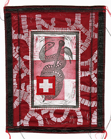 A winged serpent staff (caduceus) with a white cross on red field patch sits in the center of a frame of white lines on a red ground that look like bronchial tubes