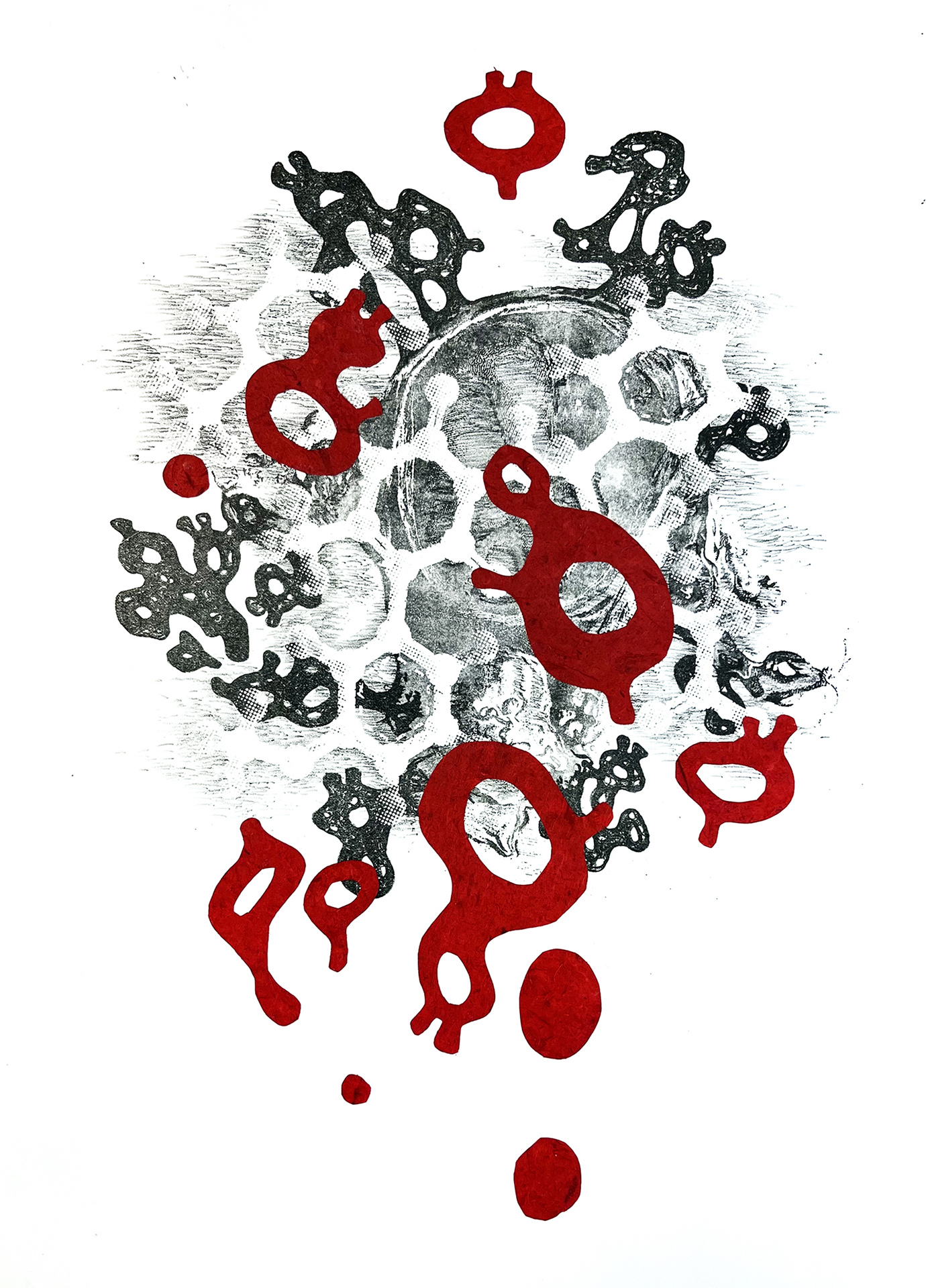 Red biomorphic forms float among a mass of lung-like cells in gray