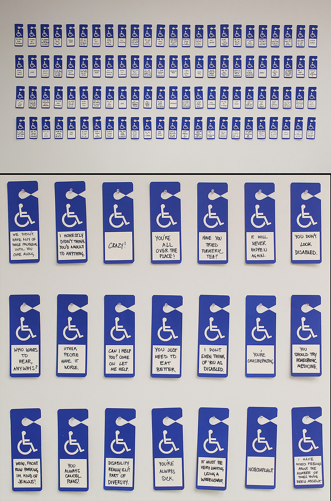 Rows of dozens of accessibility car placards hang with varied messages.