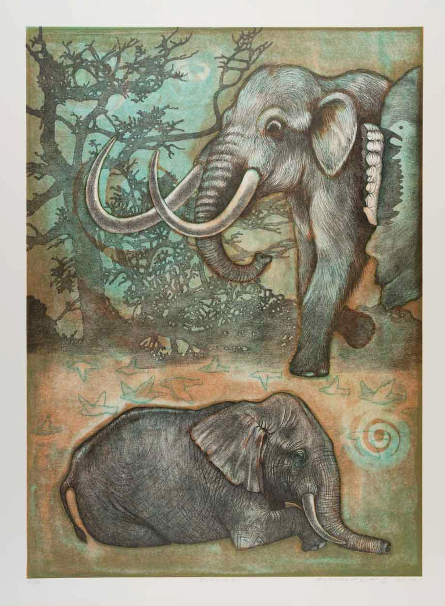 A sitting African elephant joins a woolly mammoth in this composition. The background is printed in a warm red and minty teal layer with flying birds over the elephant and a silhouette of a tree behind the mammoth.