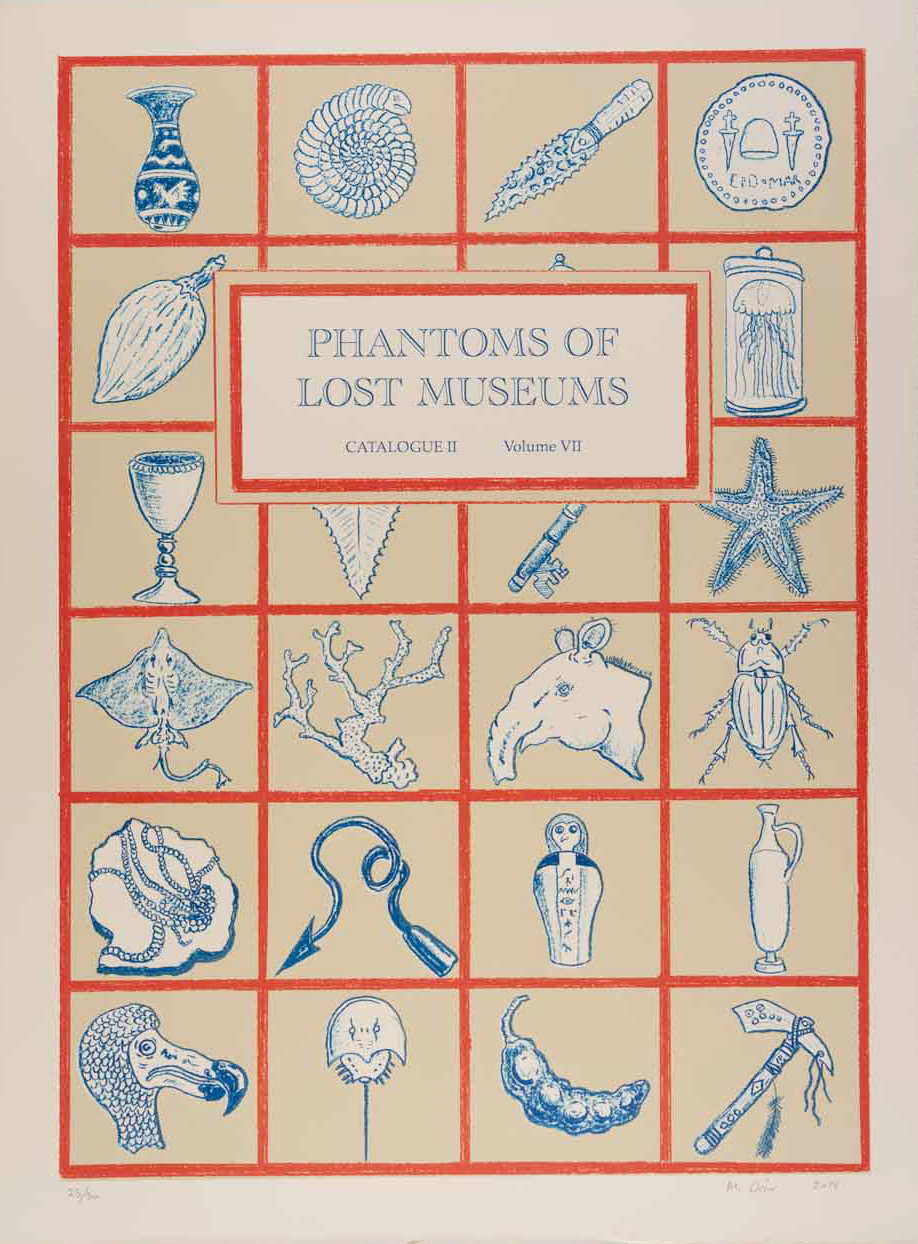 An image mimicking a museum catalog features a red grid filled with specimens and archeological artifacts like those founds in a natural history museum printed in blue. The blue text "Phantoms of Lost Museums, Catalogue II, Volume VII" sits in the center of the top third of the "cover".