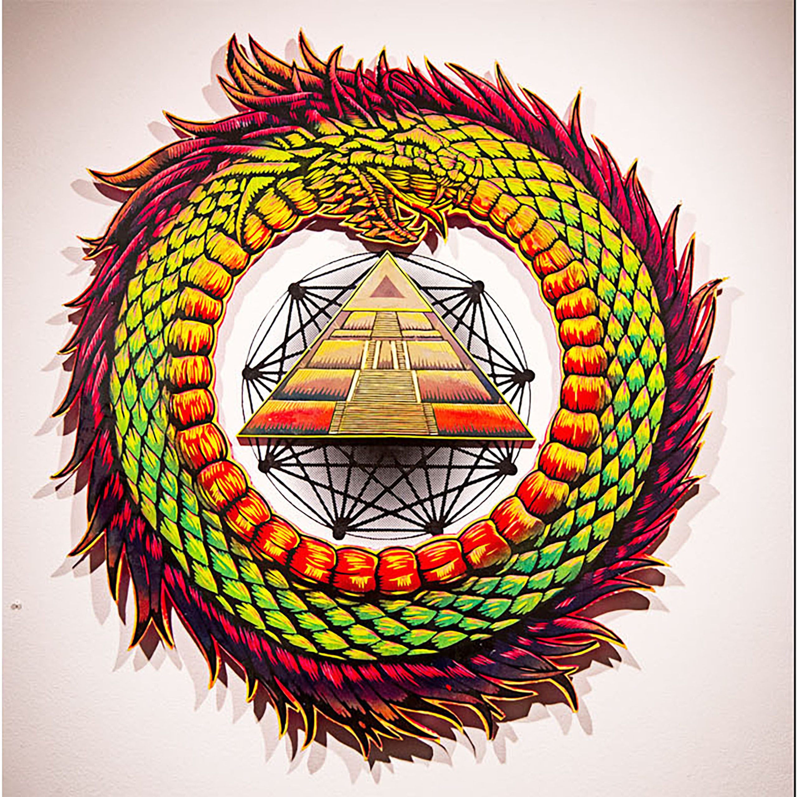 This is an image of an Ouroboros Quetzalcoatl surrounding a pyramid and geometric vinyl on the wall.