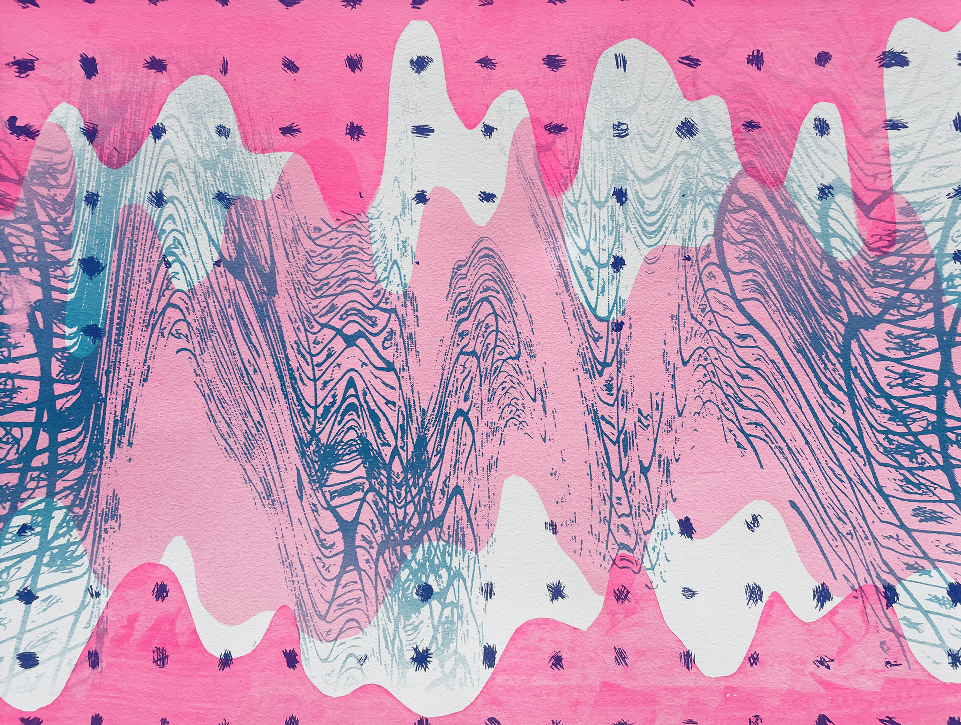 Horizontal screenprint on white paper comprised of many layers of distorted wave patterns. Two layers of wavy pink are on the top and bottom, leaving the center white with a lighter pink wave. Scribbles placed in a 1” x 1” grid pattern are printed in purple across the entire page. A transparent blue layer goes from left to right of a distorted square grids with scribbles inside.