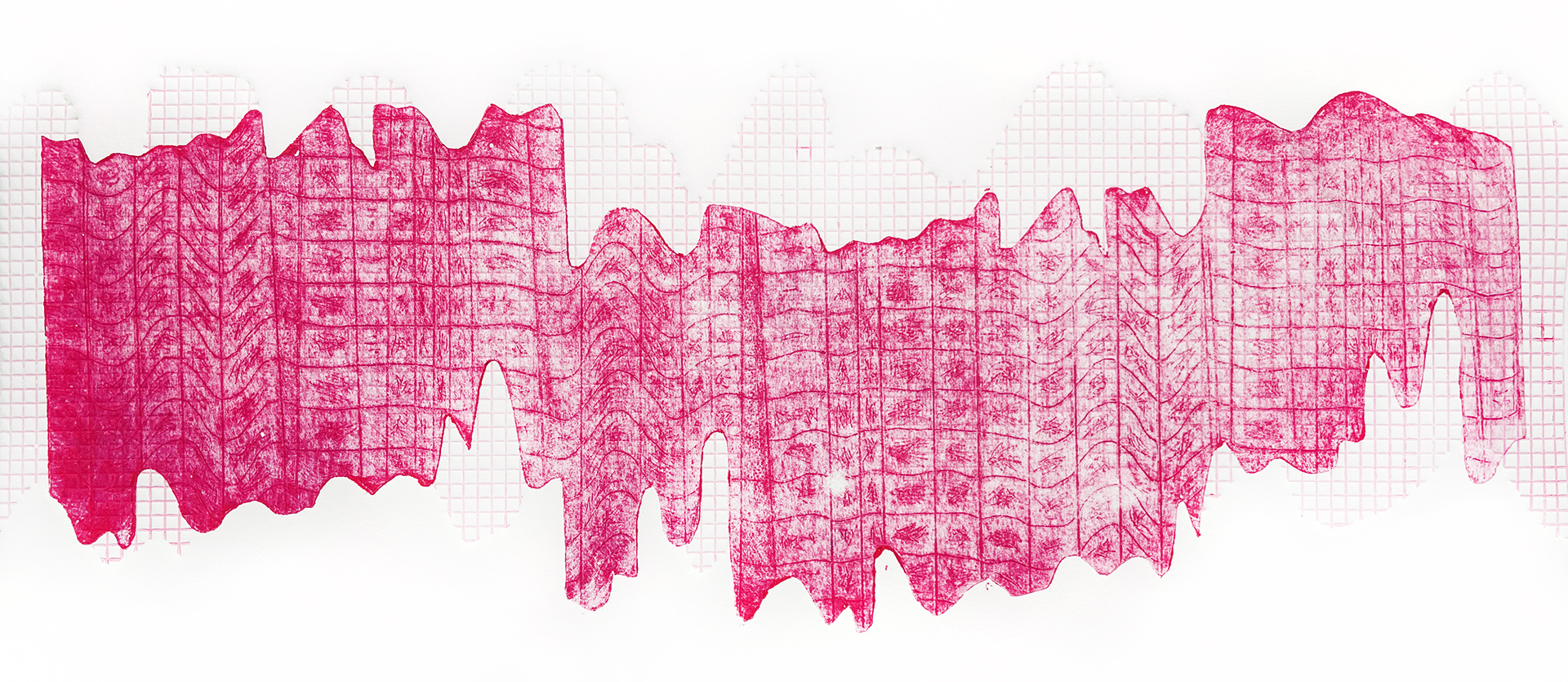 A long horizontal print in bright pink on white paper comprised of two layers. One layer is a thin grid cut in a wave pattern, the top later is a collagraph. The collagraph is a shaped plate, with a square grid with scribbles inside of each square, they are distorted and look as if they have been dragged across a scanner.