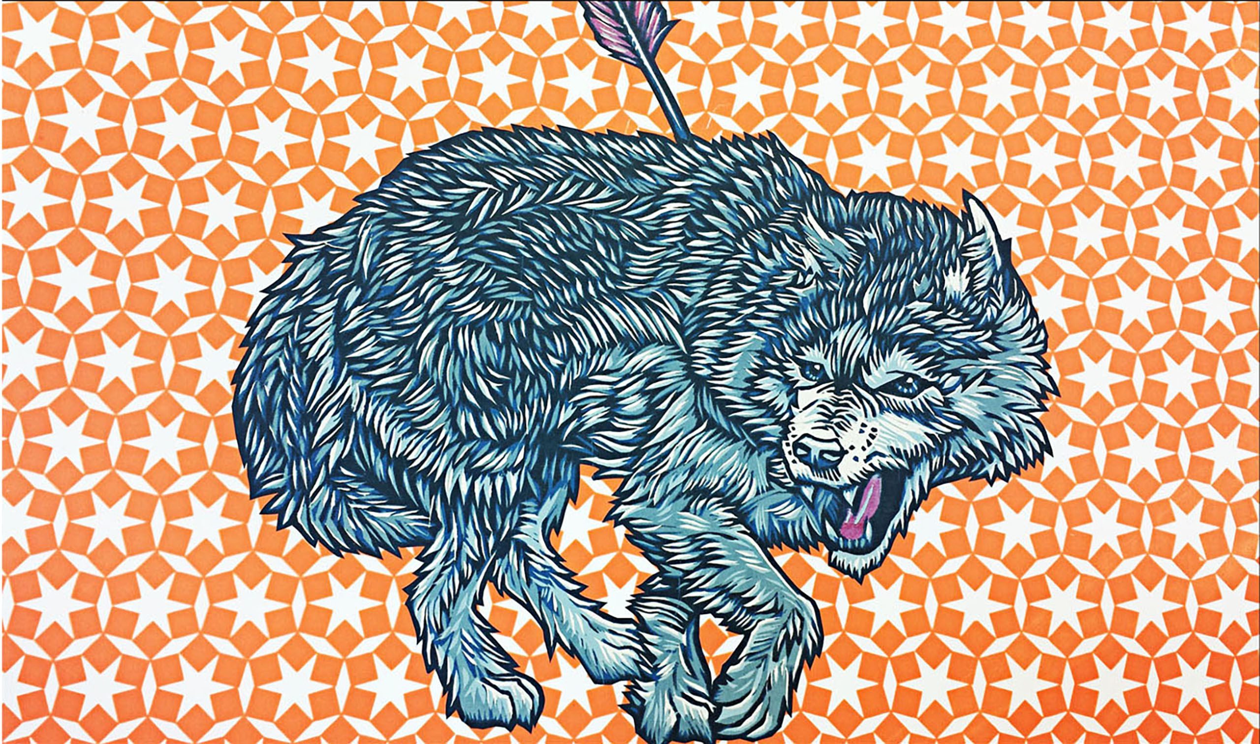 This image depicts an injured wolf, snarling back at its attacker, and on a background of geometric patterning.