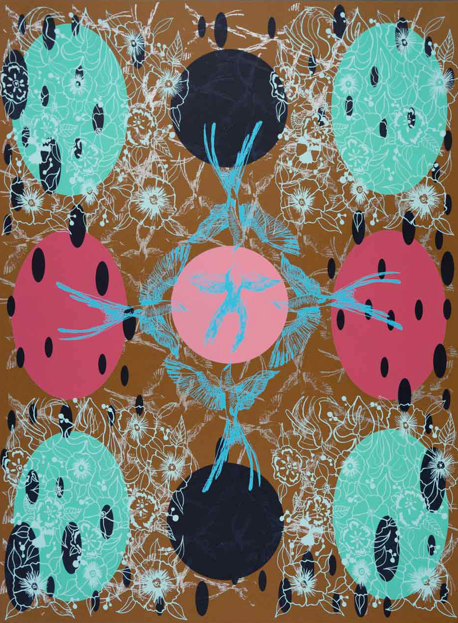 An arrangement of turquoise, pin, and black ovoids create a roughly symmetrical composition. Around the center, four swallows in light blue converge on a fifth in the center. The background is populated with contour studies of flowers in white and additional swallows in cream on the brown base layer.