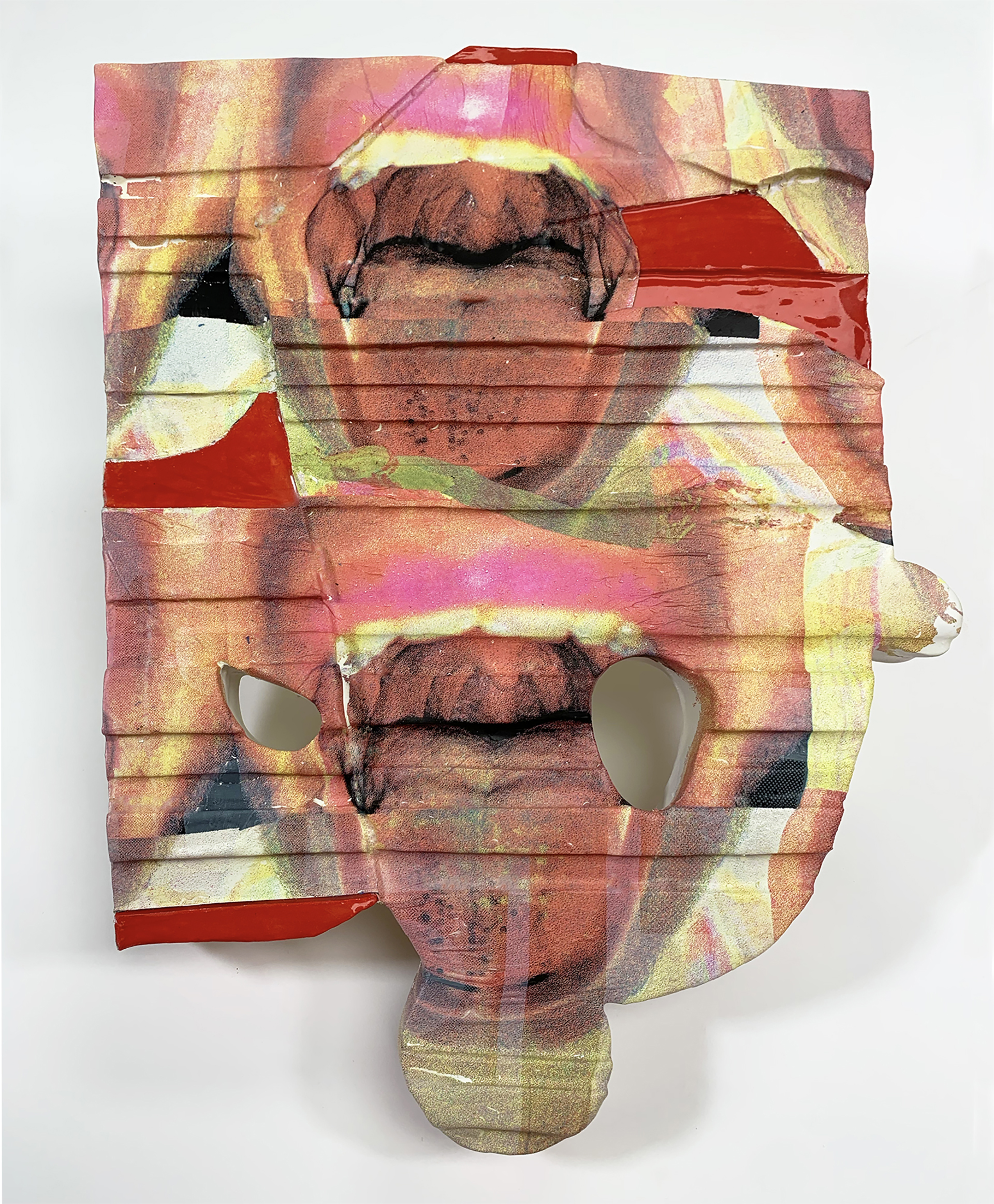 A wall mounted ceramic piece covered with photo process mouths