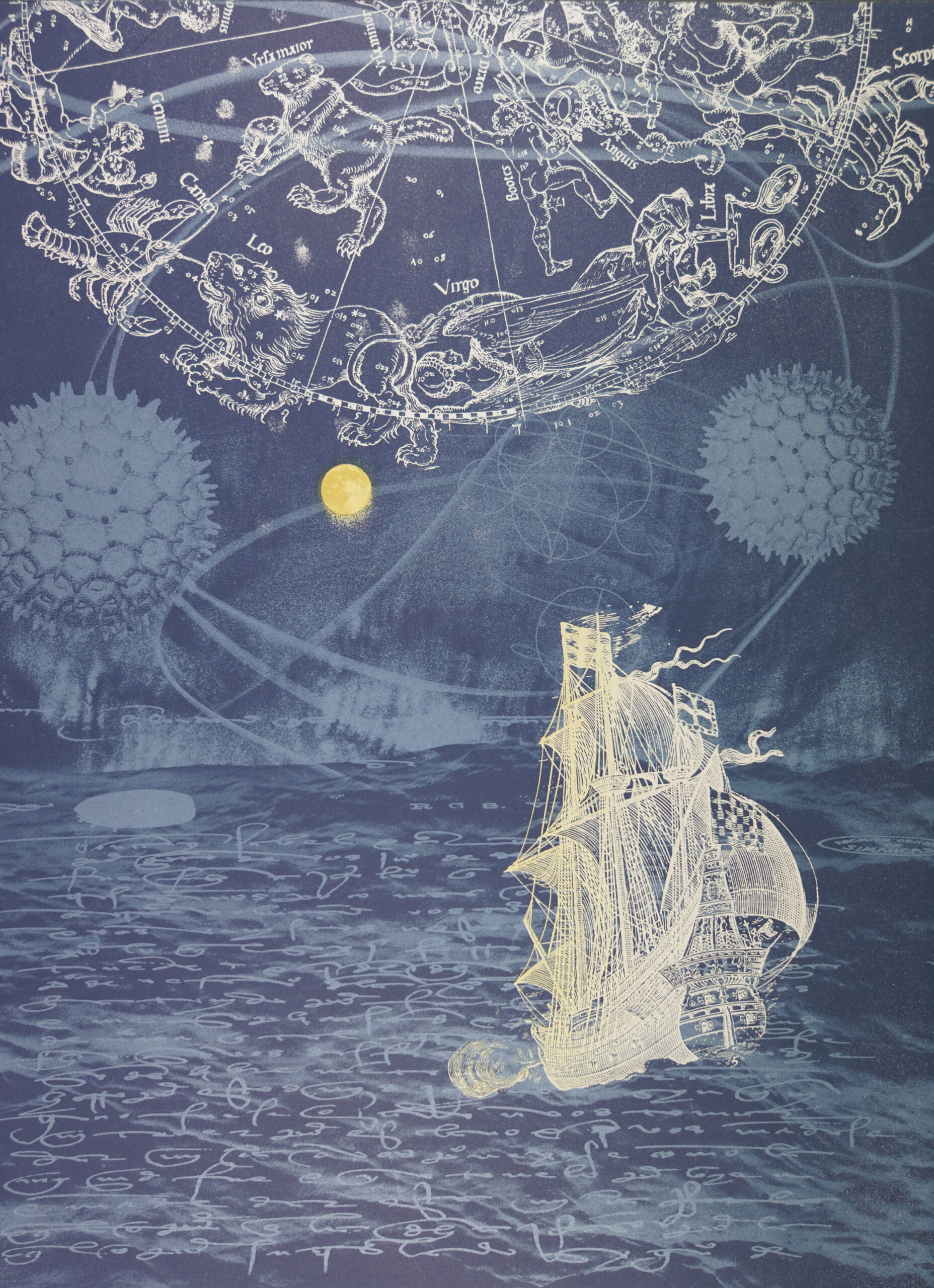 A crowded arrangement in primarily indigo and white, this scene is filled with a white galleon floating on a sea of indecipherable script perhaps from a ship's log, approaching a landmass in the distance. Above, microscopic closeups of pollen loom like moons, joined by a small golden moon, and topped with a vintage map of constellations.