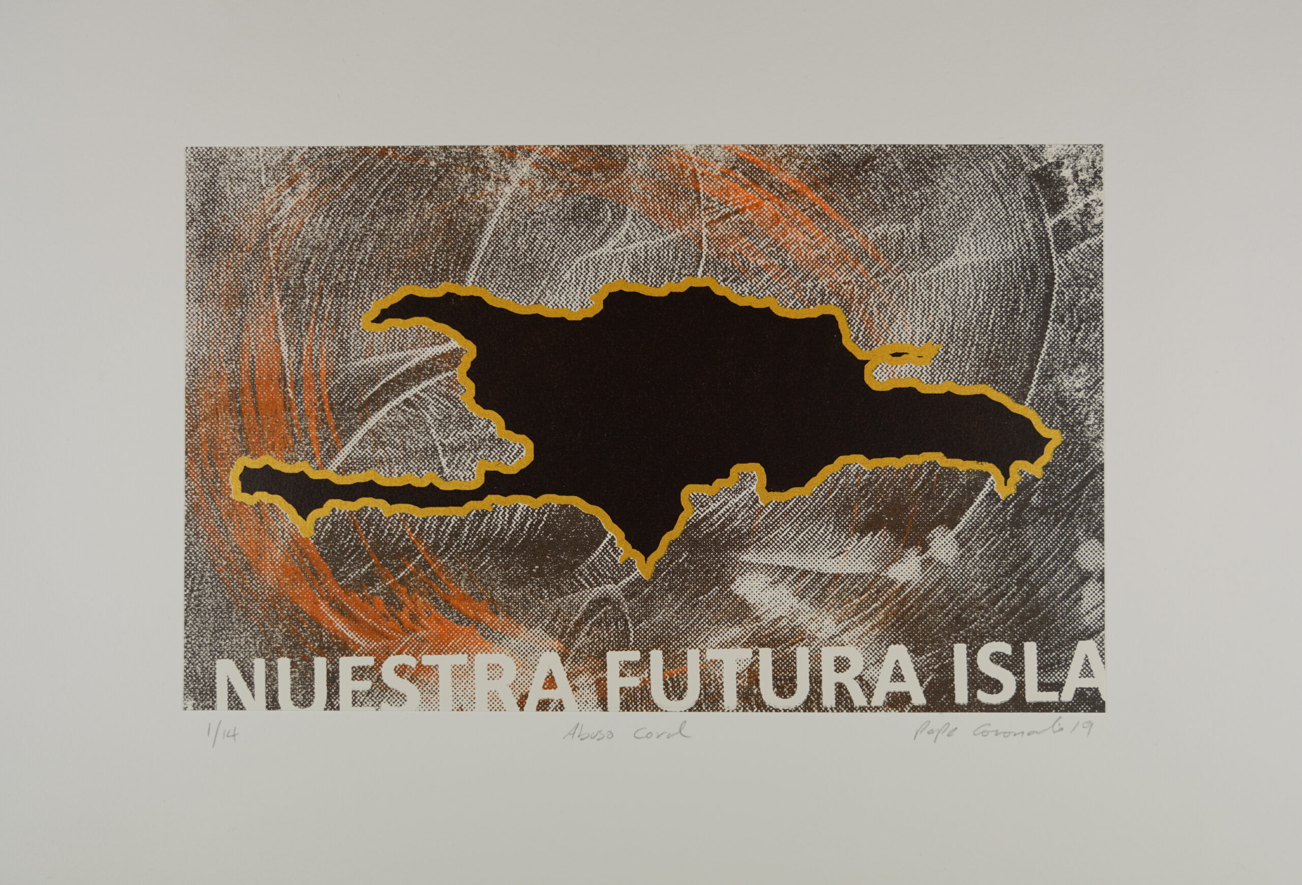 The shape of Hispaniola--Haiti and the Dominican Republic--is printed in black surrounded by a yellow outline. Beneath, the text "Nuestra Futura Isla" (Our Future Island) is created by a the ground of abstracted swooping marks in gray and orange.