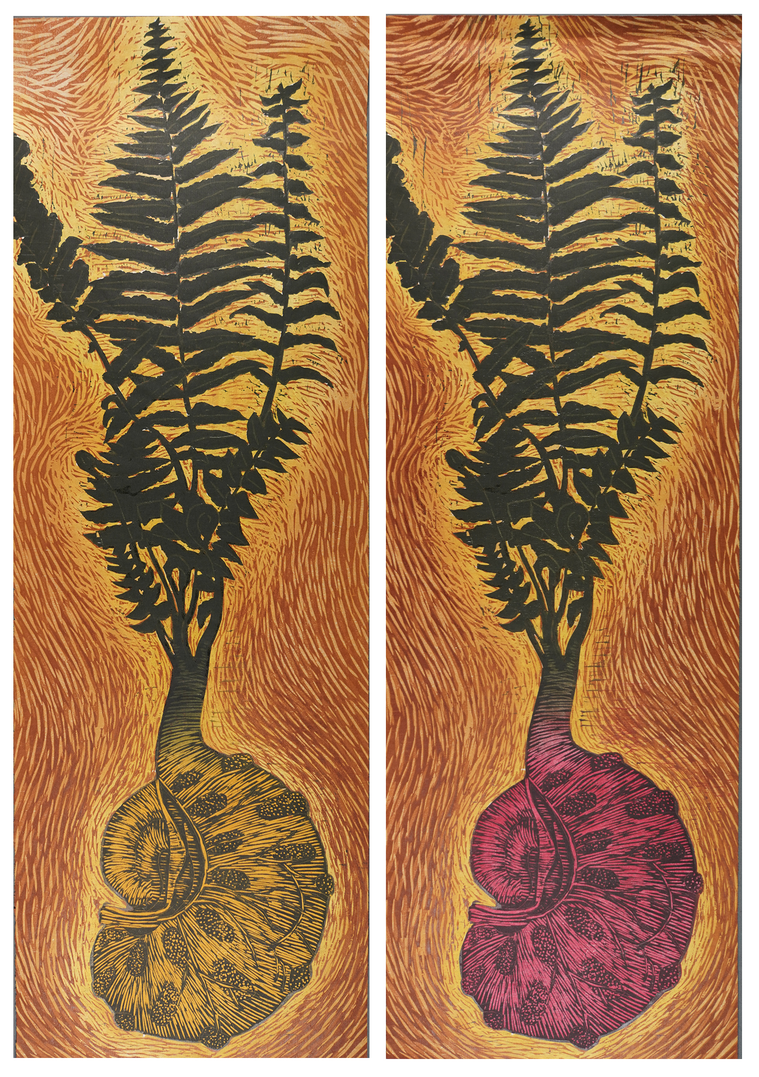 A diptych showing a fern sprouting from a base that evokes shells, tubers, and grubs.