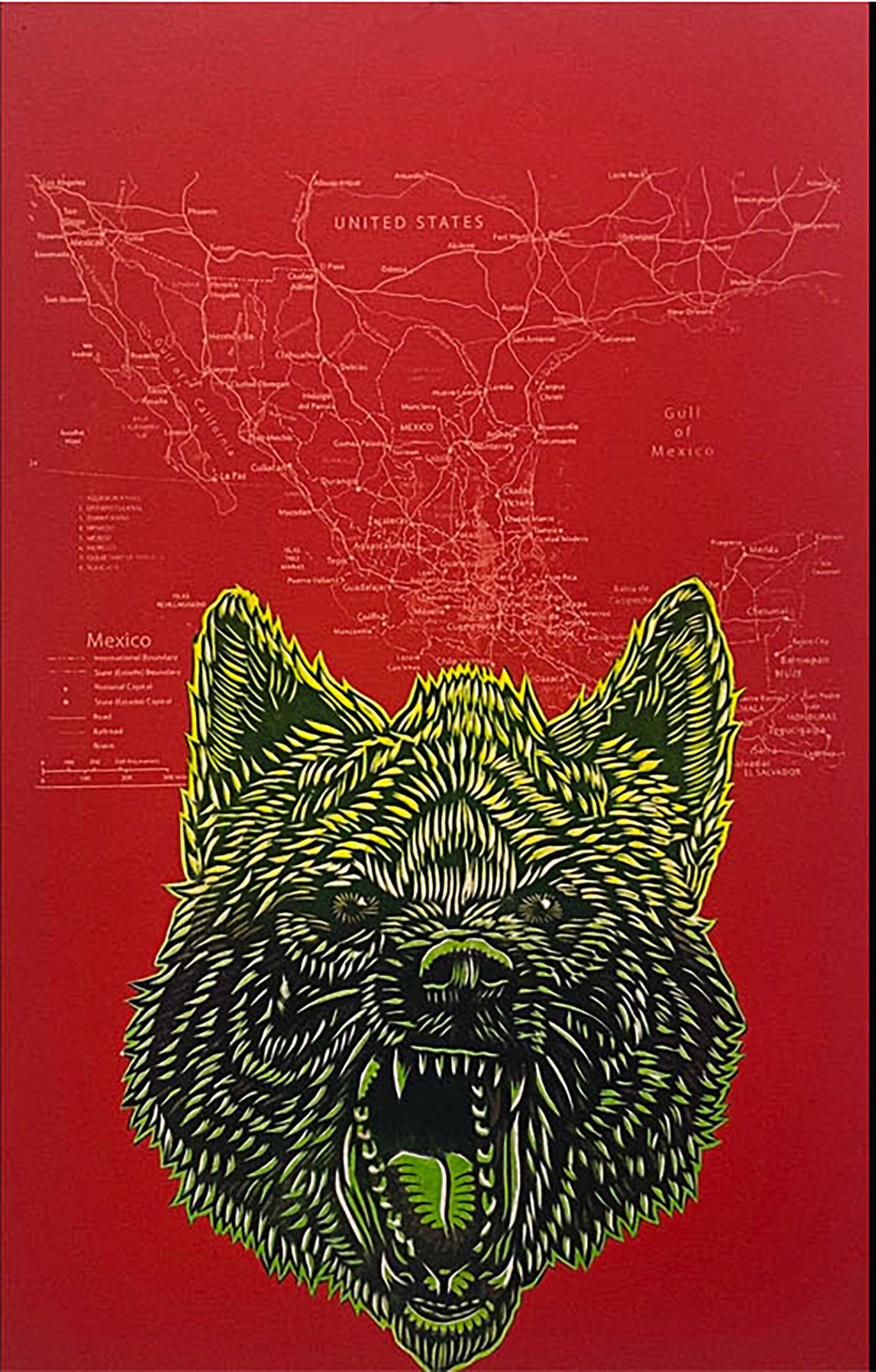 Barking wolf head on top of a glow in the dark map of Mexico.