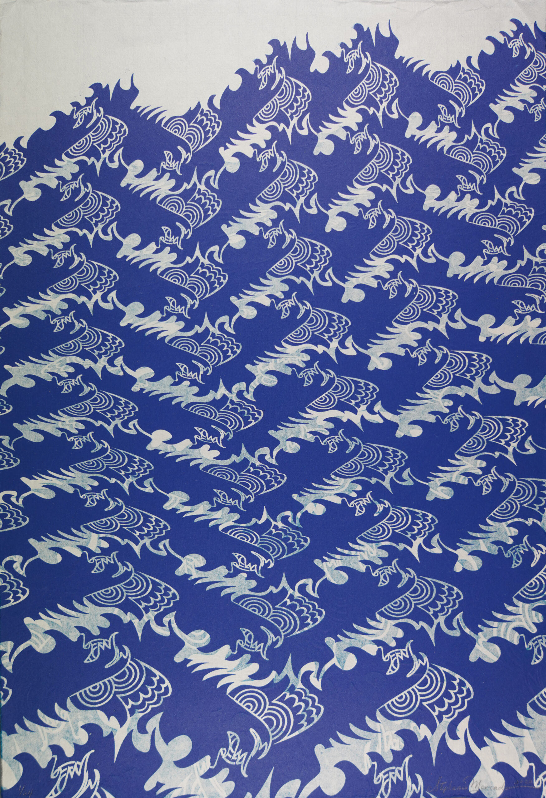 A tessellated pattern in blue evokes waves and sea creatures.