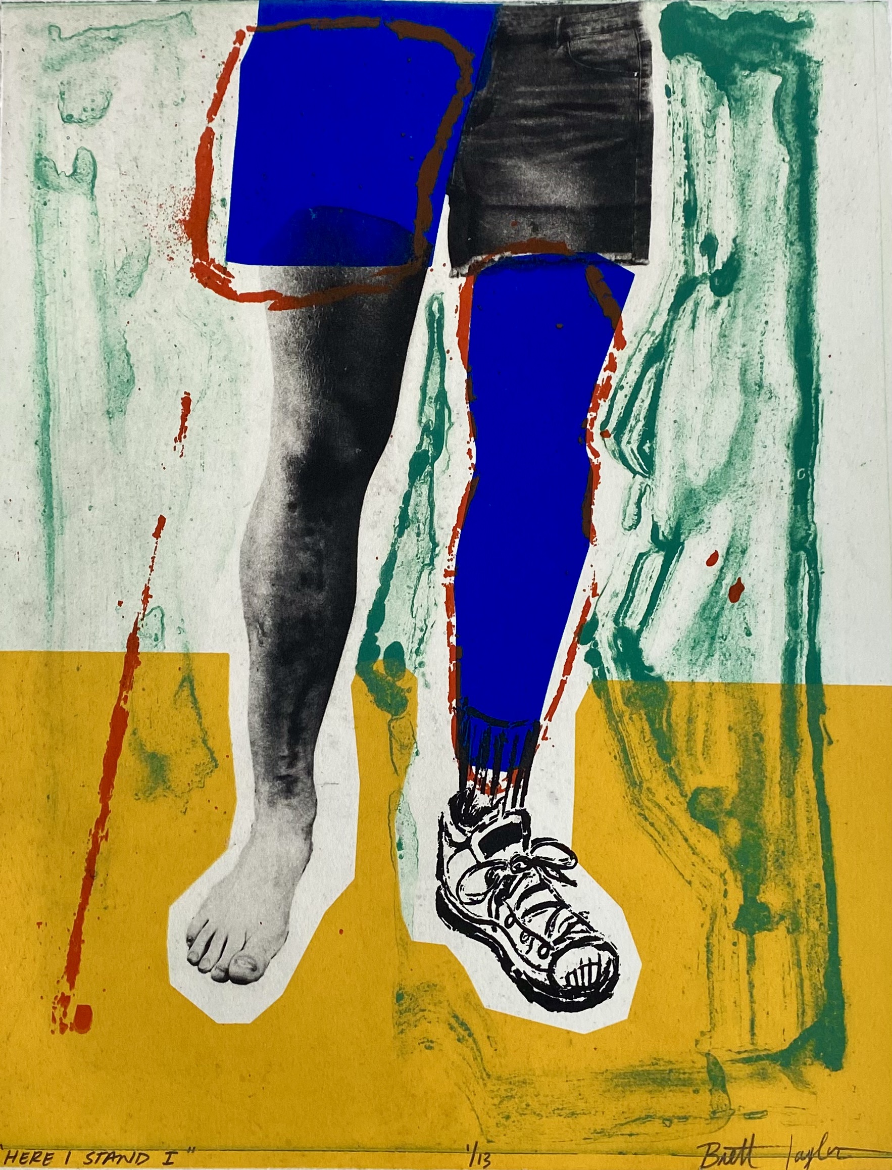 This collage print depicts legs, one leg is a photographic representation and one leg is a blue silhouette with a drawn shoe. The background is white with a large yellow shape overlapped with green painterly marks.