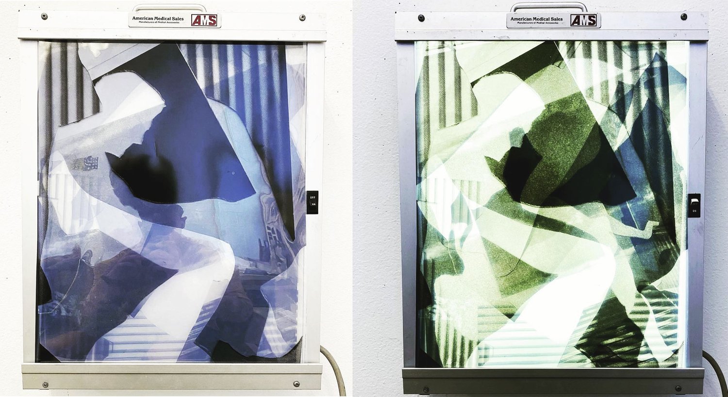 X-Ray box with layers of screen printed transparencies depicting the surroundings of a figure turned off on the left and illuminated on the right.