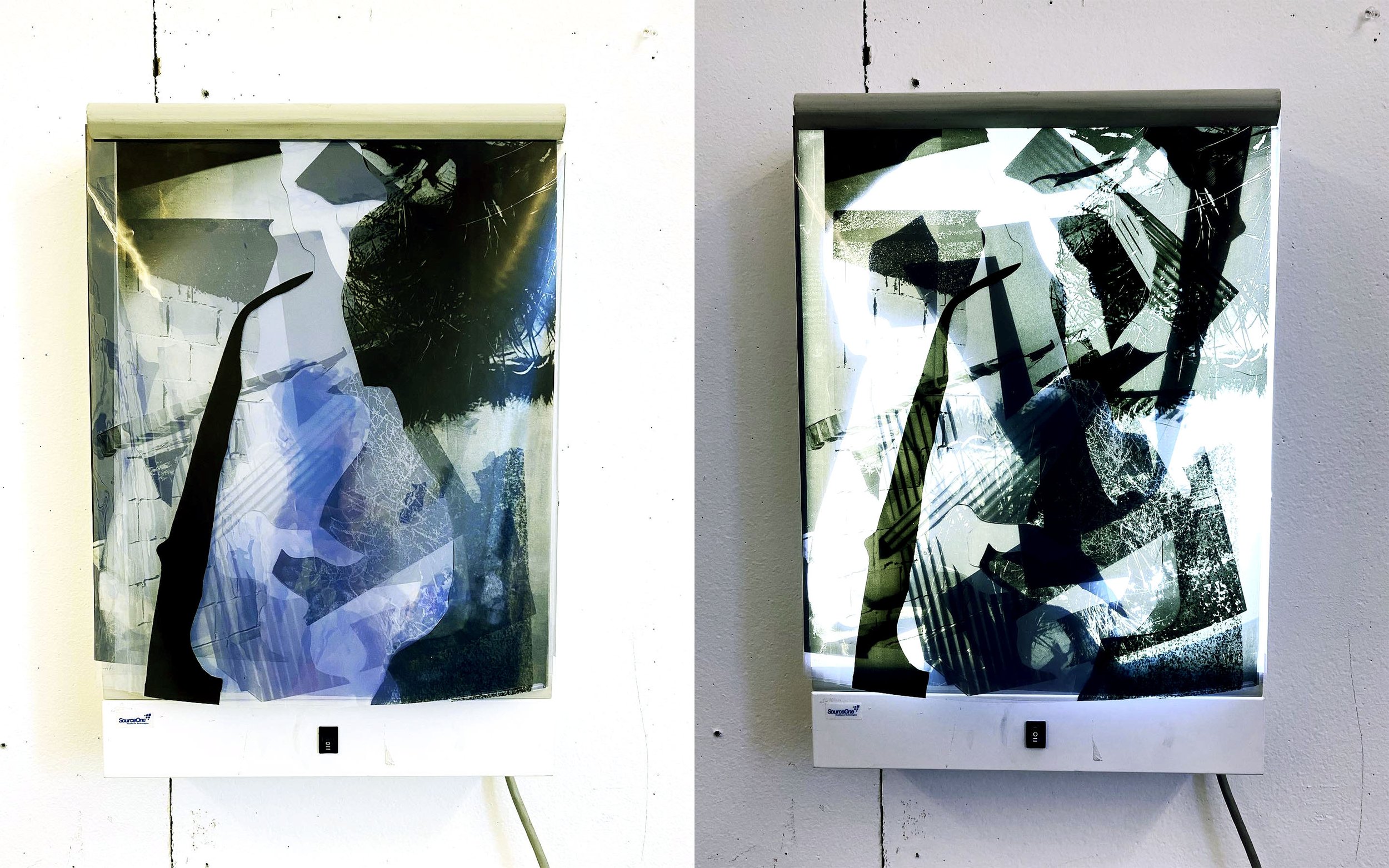 X-Ray box with layers of screen printed transparencies depicting the surroundings of a figure turned off on the left and illuminated on the right.