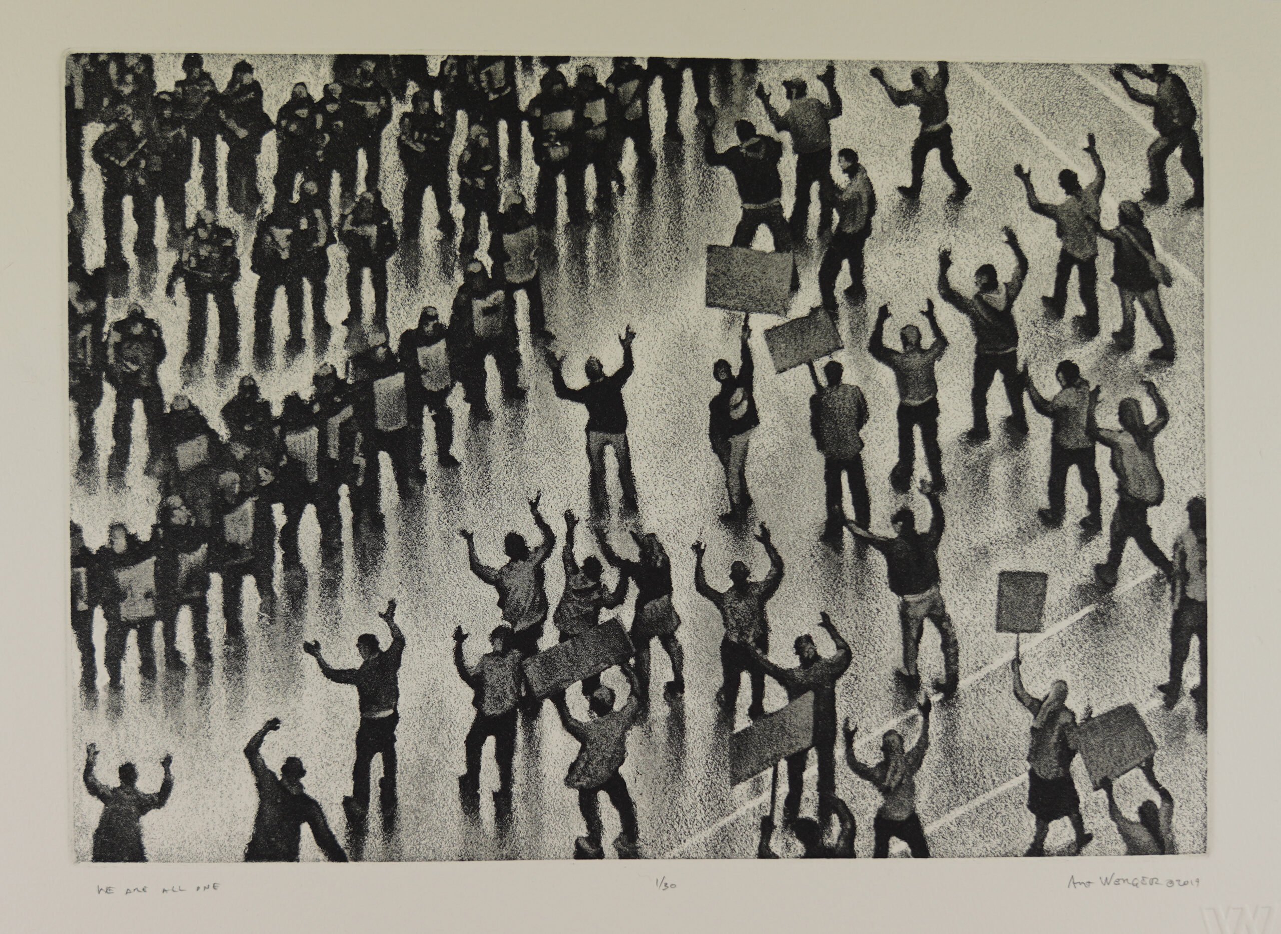 A overhead perspective of protestors, many with hands up, being met with armed riot police.