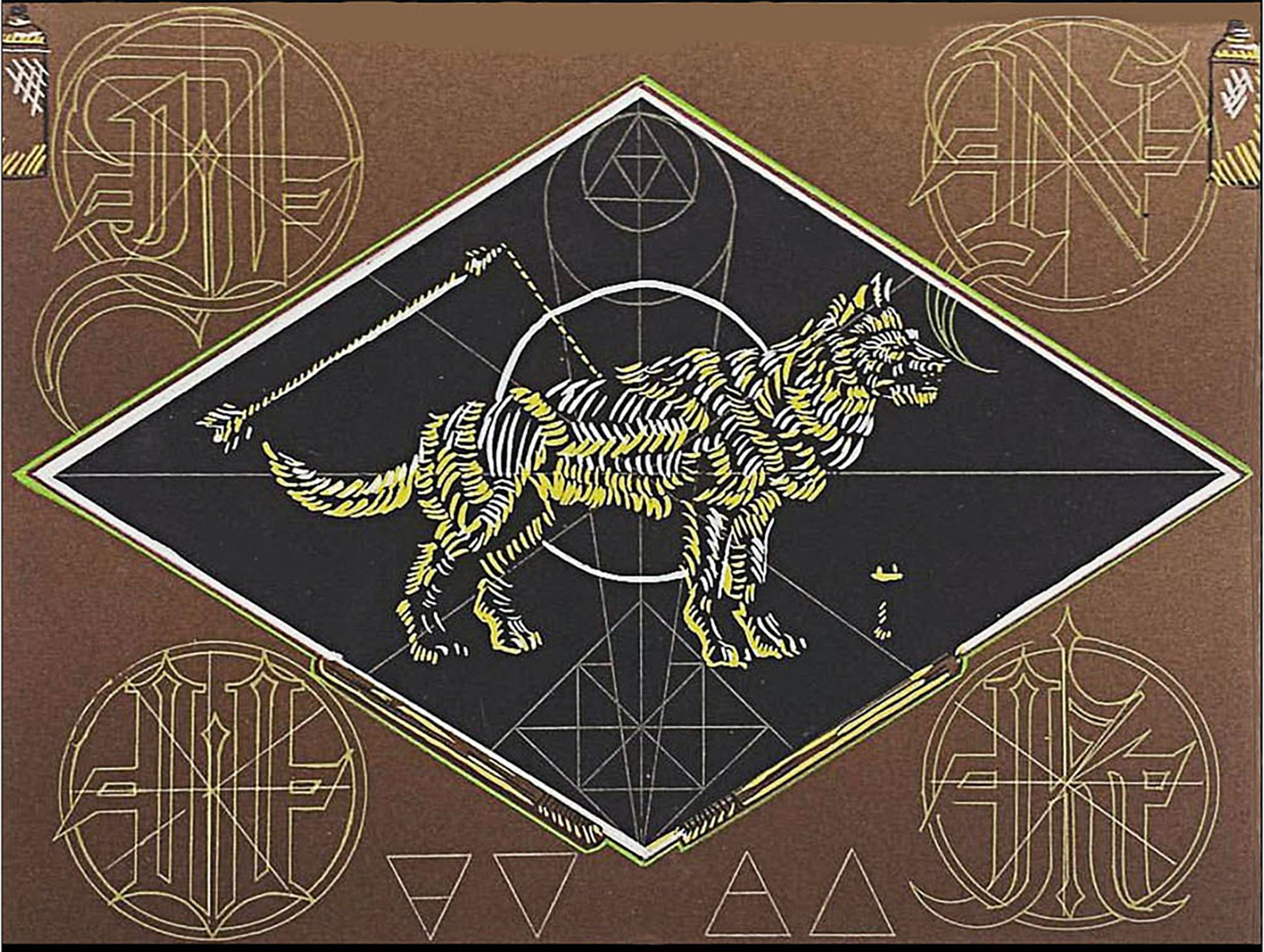 This print depicts a wolf in profile with an arrow, the consonants of Denver (DNVR), and the alchemical symbols for Earth, Water, Air and Fire. As well as spray cans.