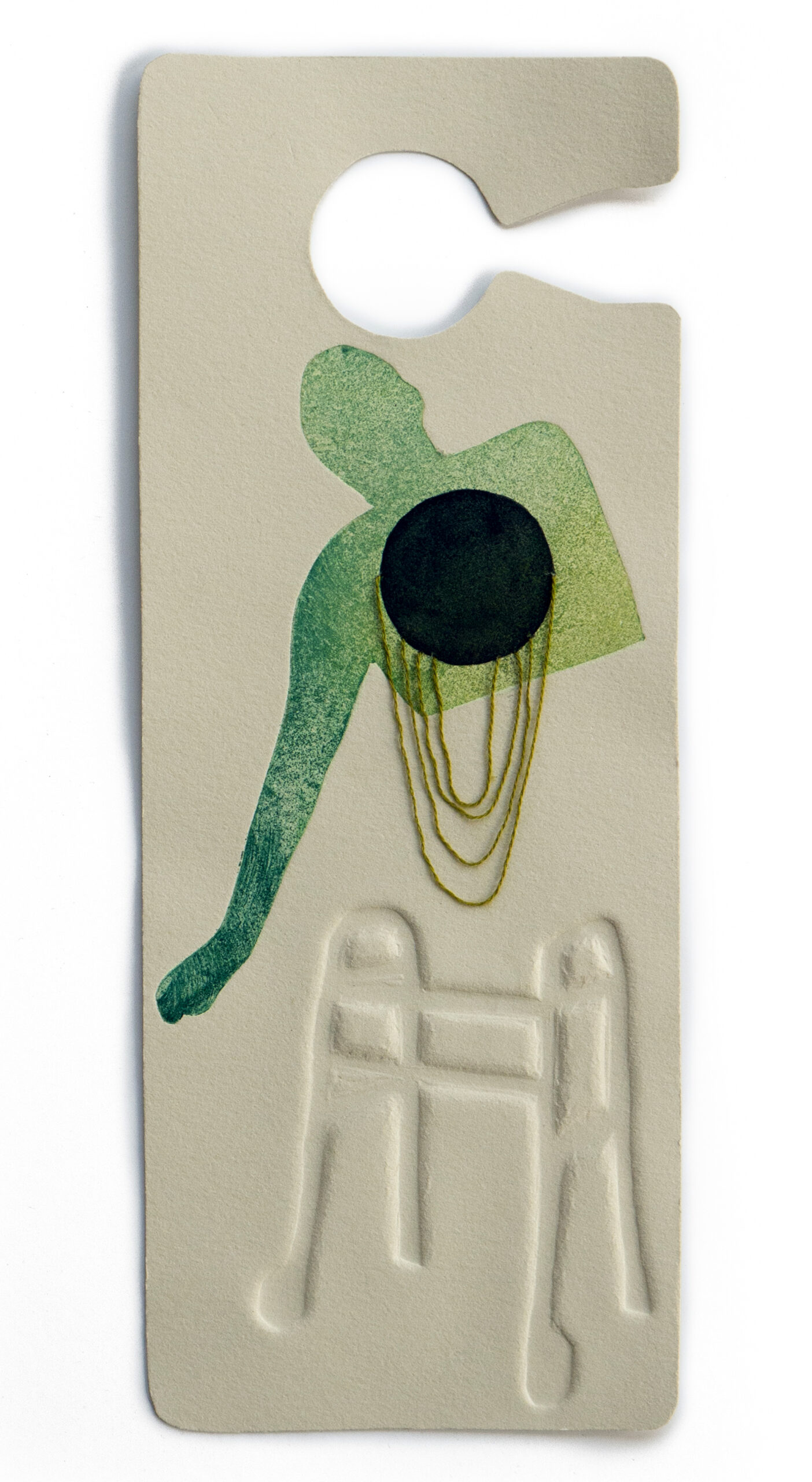 A print shaped like an accessible-parking placard featuring a green torso with a large black circle over their chest and hovering above an embossed walker.