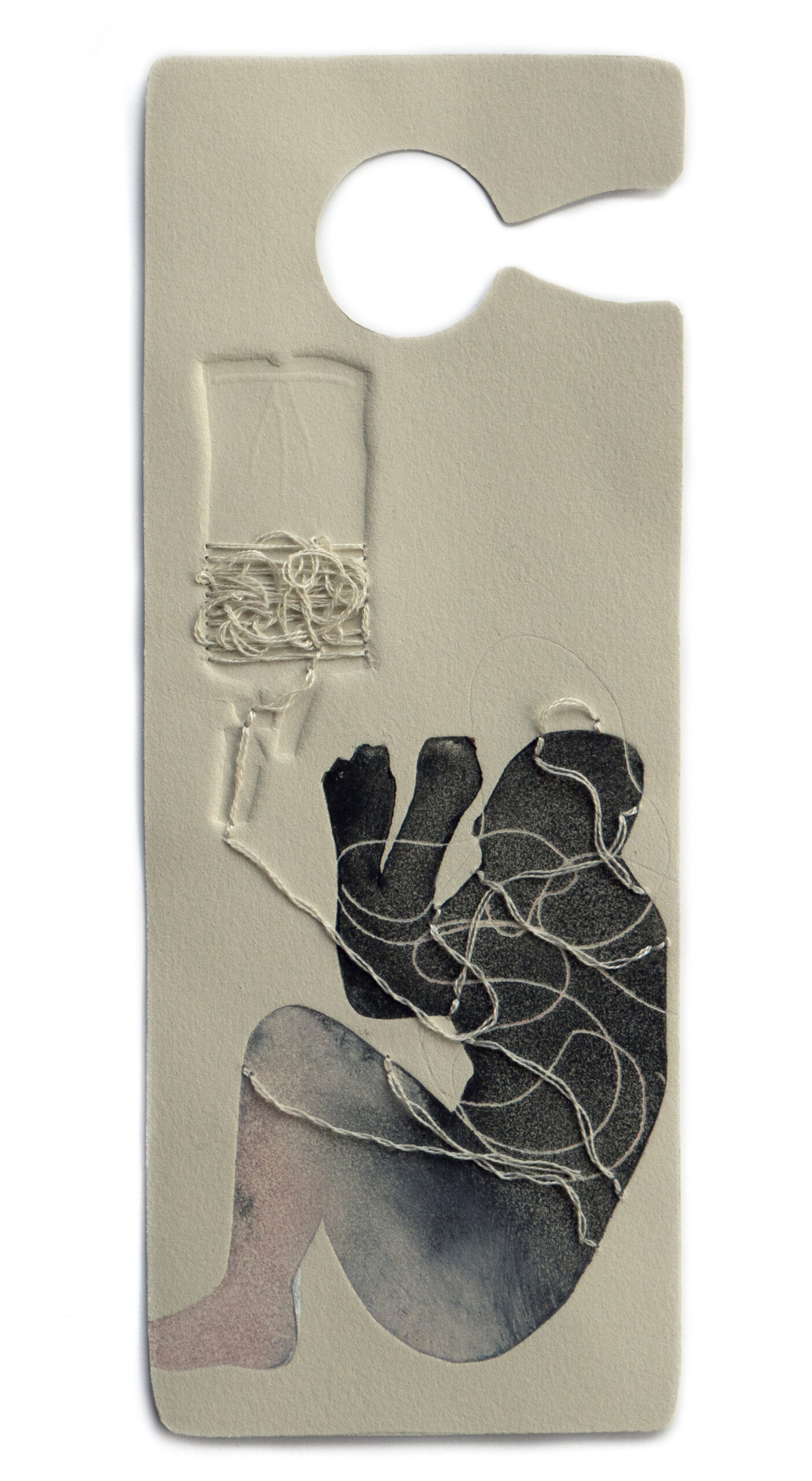 A print shaped like an accessible-parking placard featuring a black and grey figure in the fetal position curled below an embossed IV bag. A tangle of white embroidery floss flows from the IV bag to wrap around the figure.