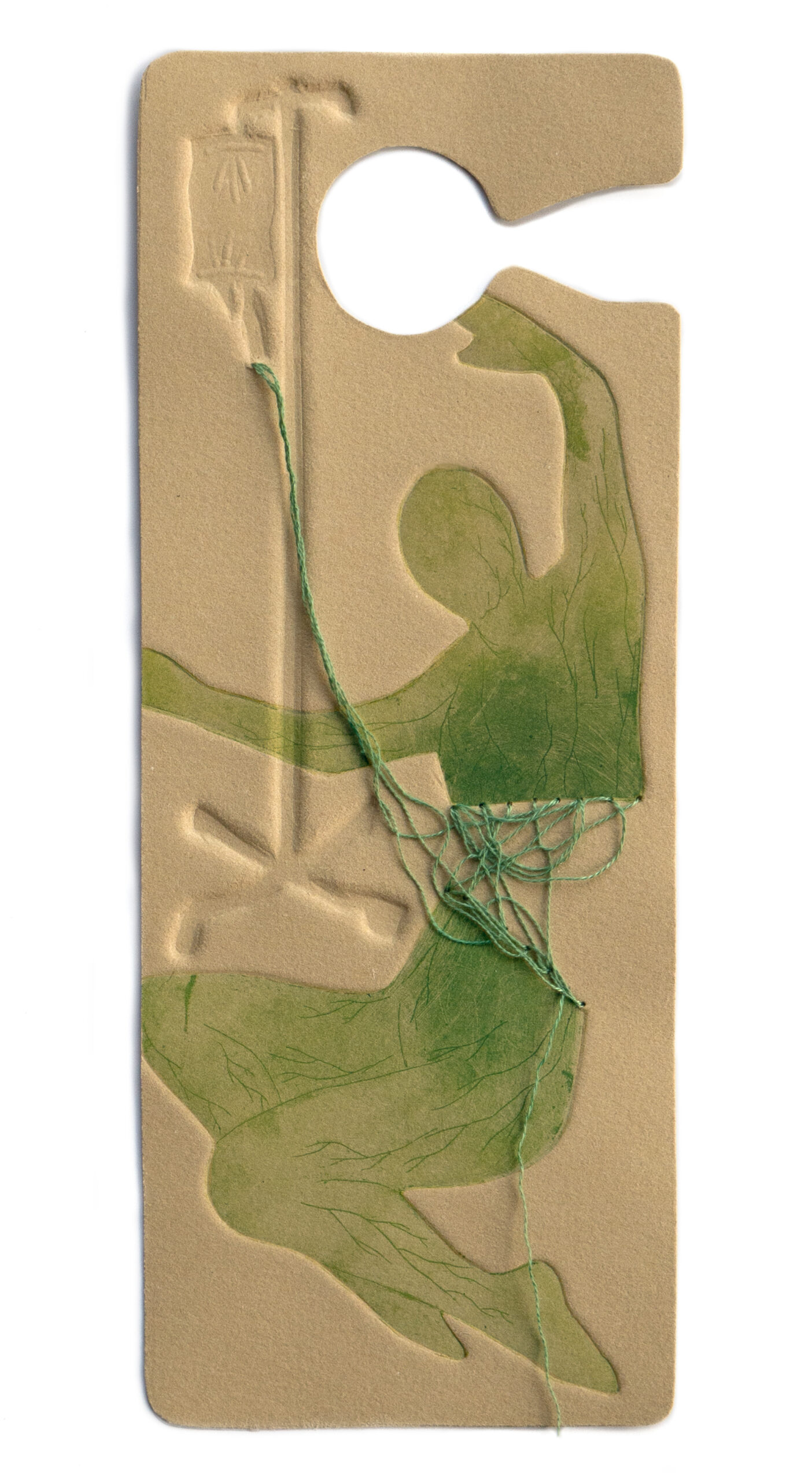 A print shaped like an accessible-parking placard featuring a green figure coming apart at the waist and stitched back together with green thread that extends from an embossed IV bag and stand.