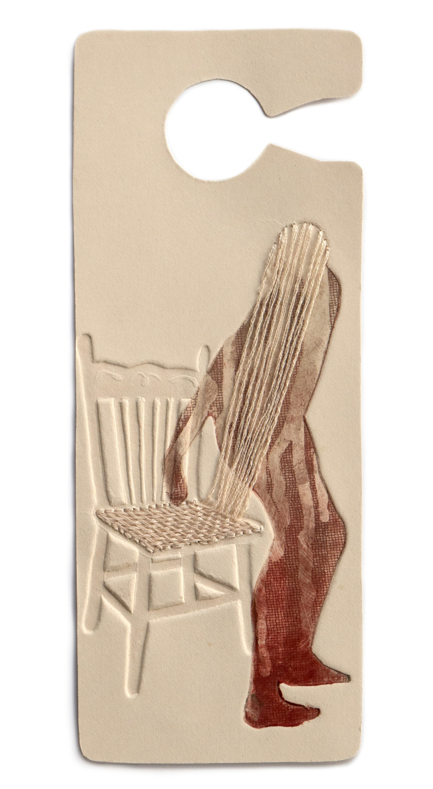 A print shaped like an accessible-parking placard featuring a red figure standing up from an embossed chair with white threads from its woven seat reaching up to its face.