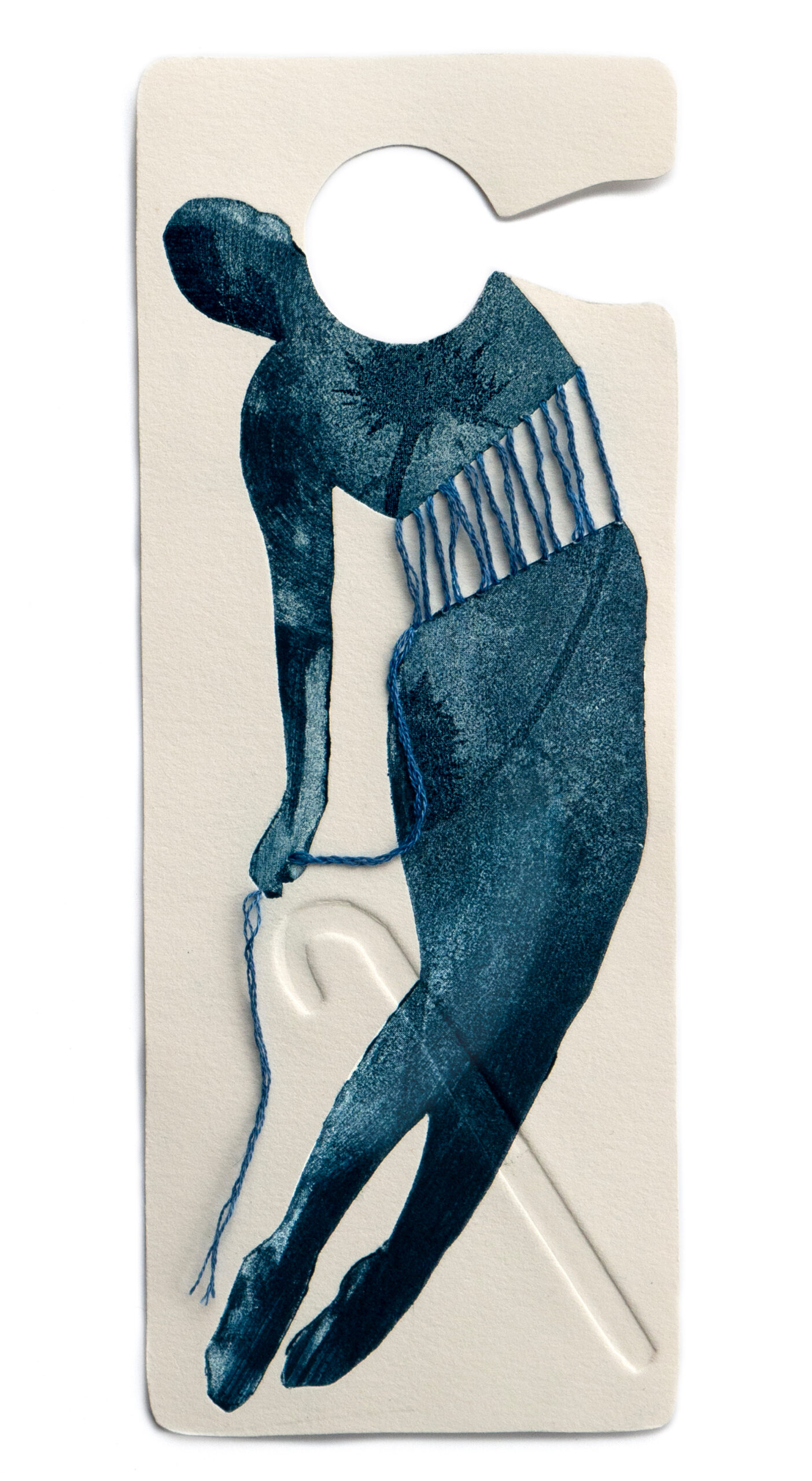 A print shaped like an accessible-parking placard featuring a navy blue figure sewn together at the waist with an embossed walking stick crossing their body.