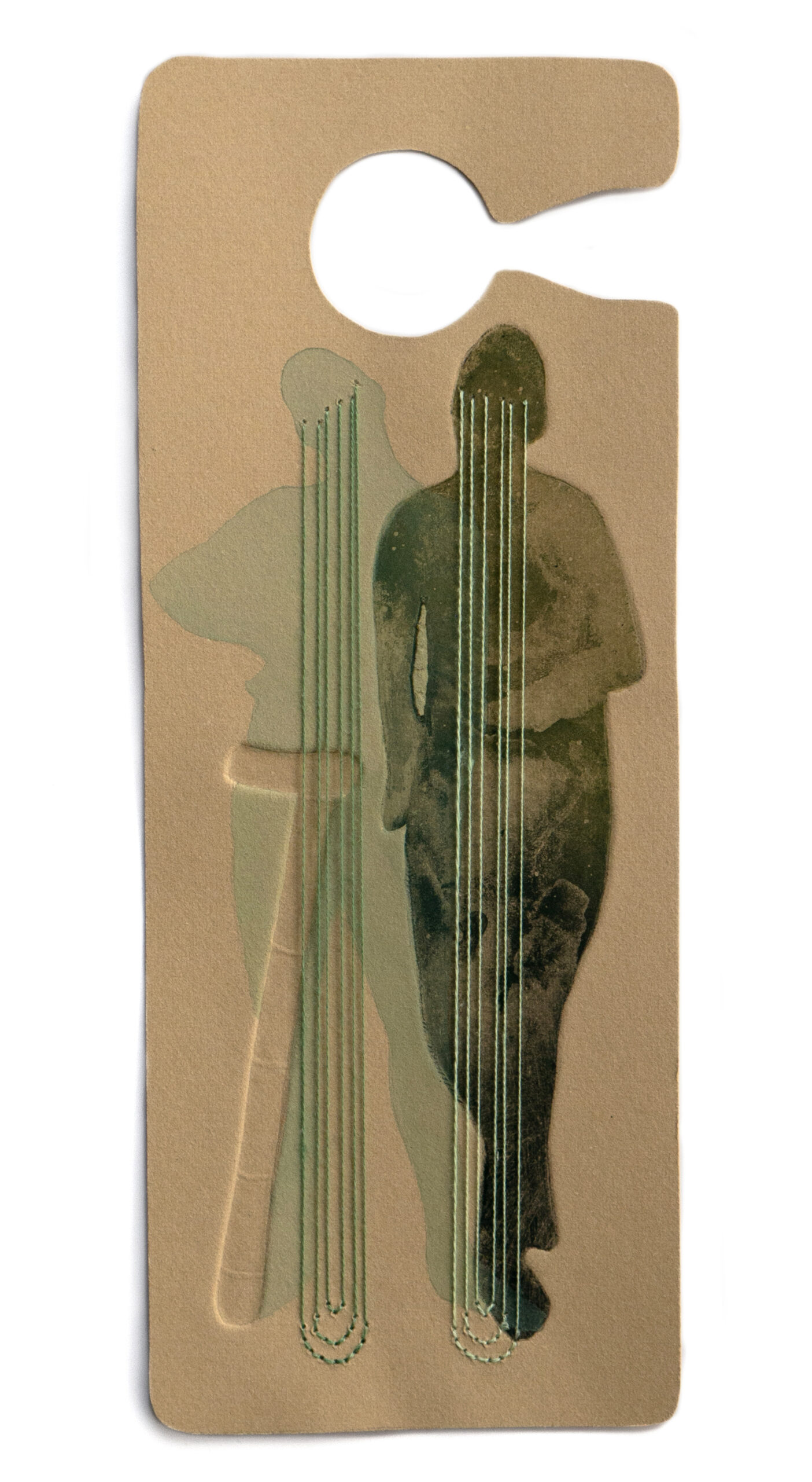 A print shaped like an accessible-parking placard featuring overlapping, green and black standing figures with an embossed cane and green embroidery threads reaching from their eyes to the floor.