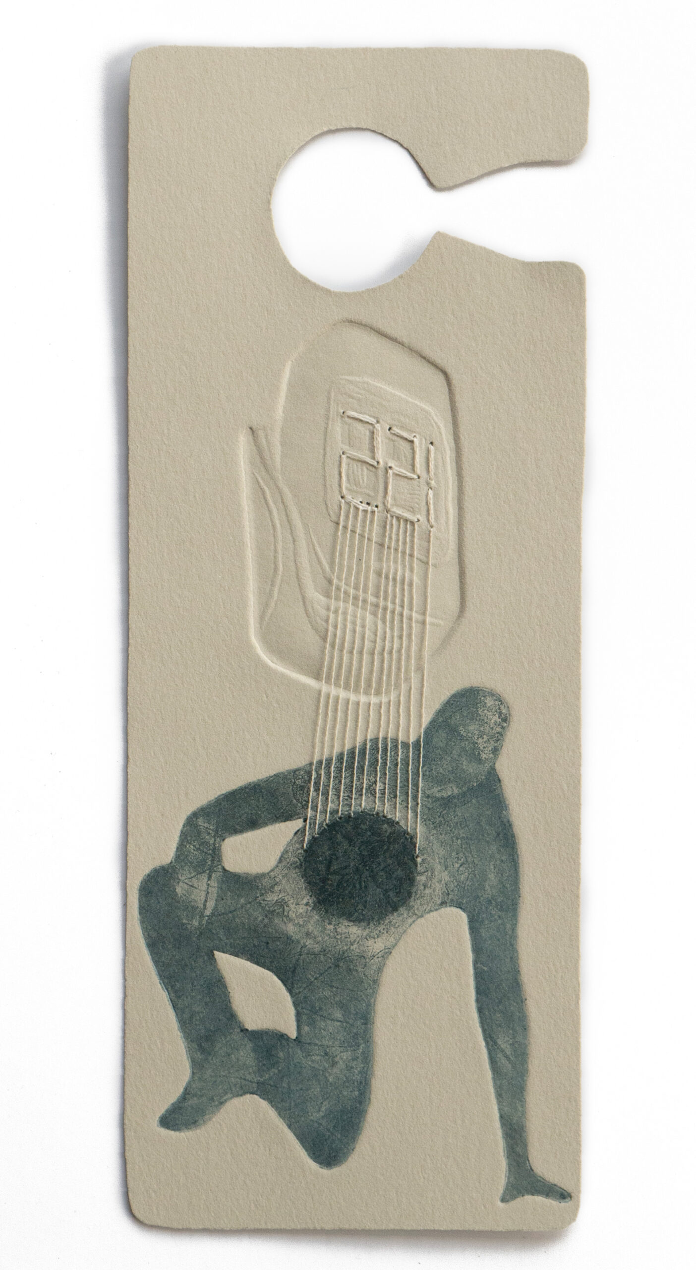 A print shaped like an accessible-parking placard featuring a blue figure standing up from under an embossed heart rate monitor. White threads connect the monitor’s numbers to a dark circle on the figure’s chest.