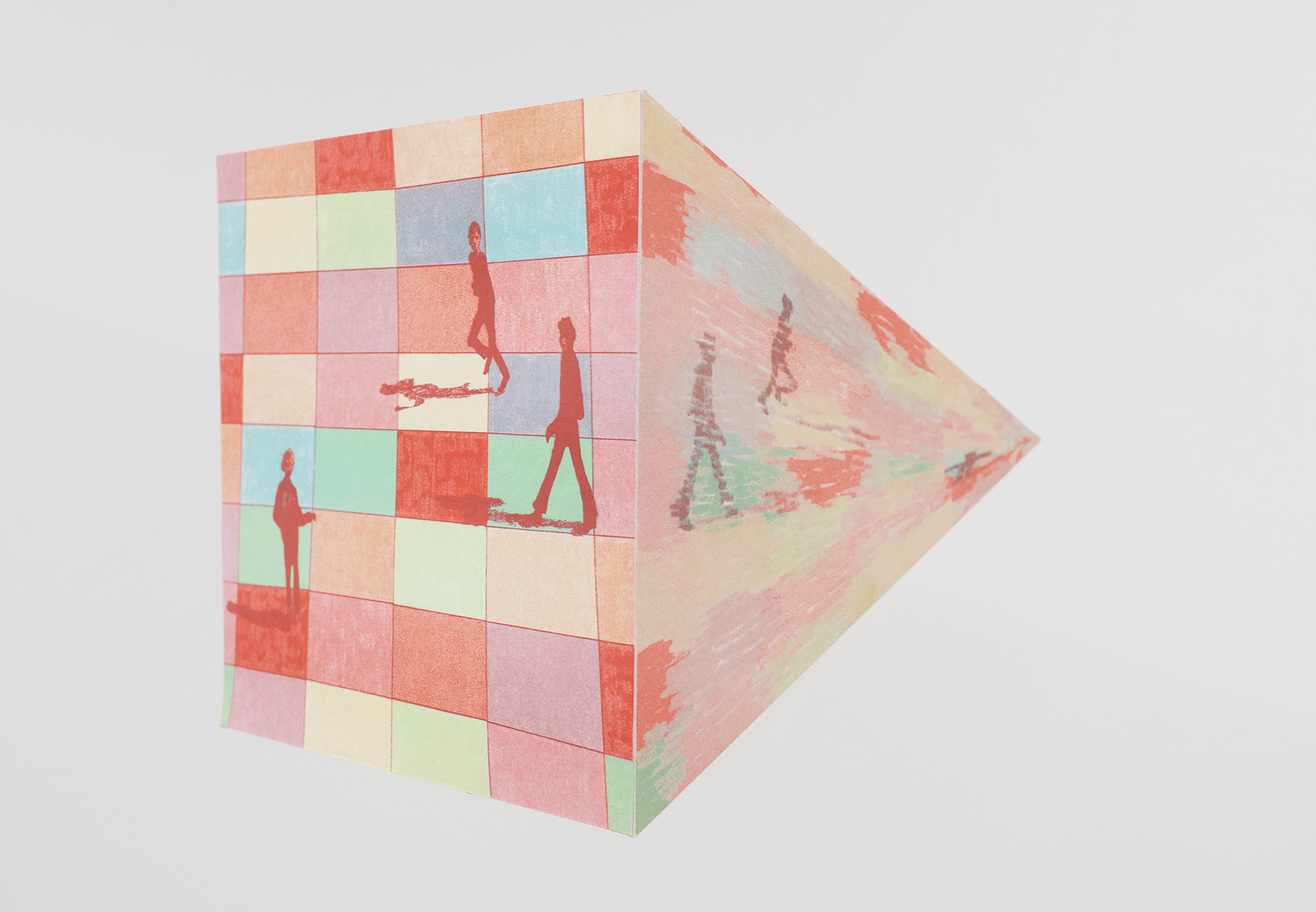 03_DirectangleResidency_Olivia_Fredricks A grid of fine, red lines at offset angles are printed on a sheet of cream and moldy green handmade paper.