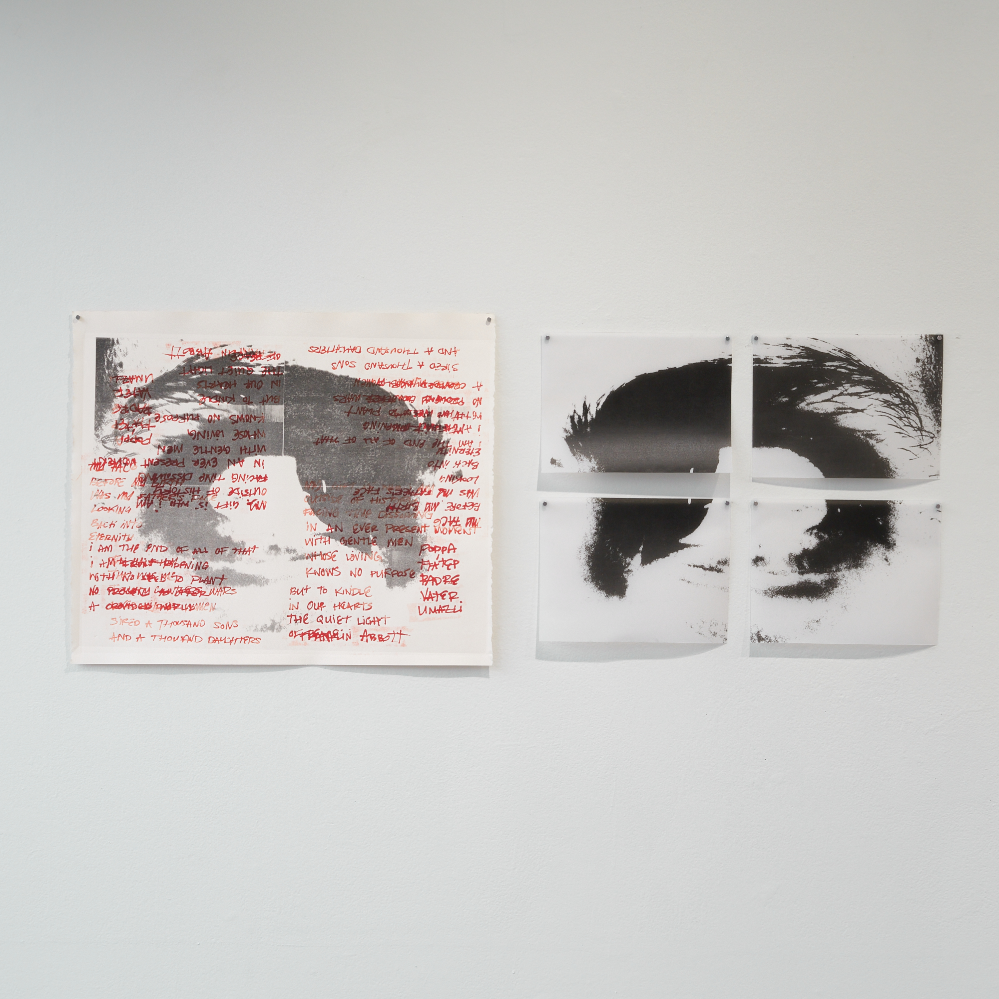 CURSE_01 A pile of printed thin paper meant to mimic cough drop wrappers starts on a ledge and cascades onto the gallery floor. Text nearby encourages visitors to take one of the wrappers.