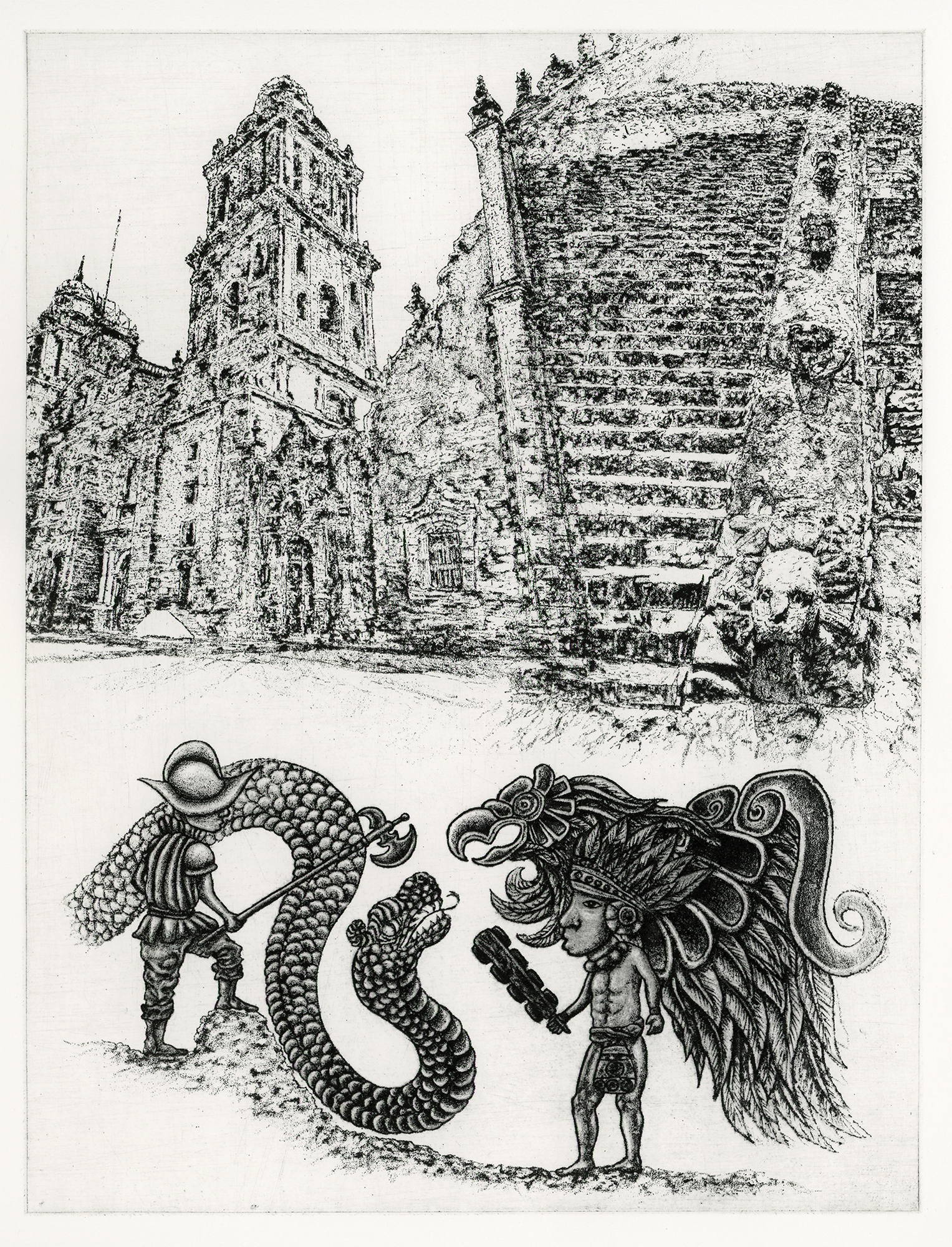 Lo No Conquistado (smaller file size) A badger and moth are accompanied by a line drawing of human feet in an etching in black ink that sits upon a beige woodcut background filled with text like a notebook or field guide in white.