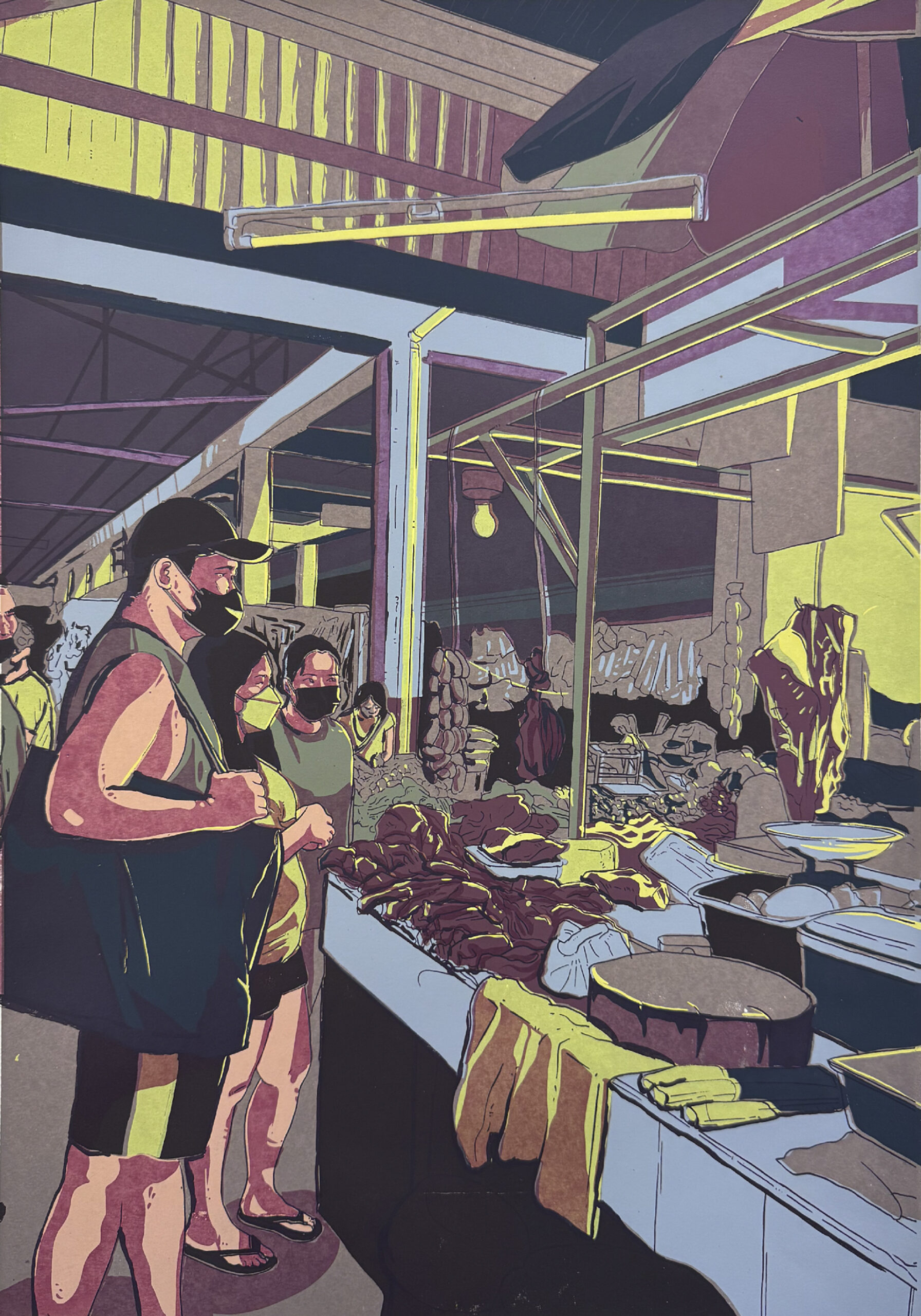 1_Wet_Market A femme presenting individual with a Bob haircut faces ¾ to the left. They are printed in pink and blue, overlapping to make purple. The two layers are comprised of pink tiny scribbles placed very closely in a grid formation. The person hands are grabbing at their chest and have a far off expression on their face. A lime green square grid overlaps itself in the background and on top of the person, leaving part of their face and chest exposed. </p>
<p>The print has distorted squares cut out of the paper. There is a bright pink scribble behind the cut out section, and in the upper right corner.<br />