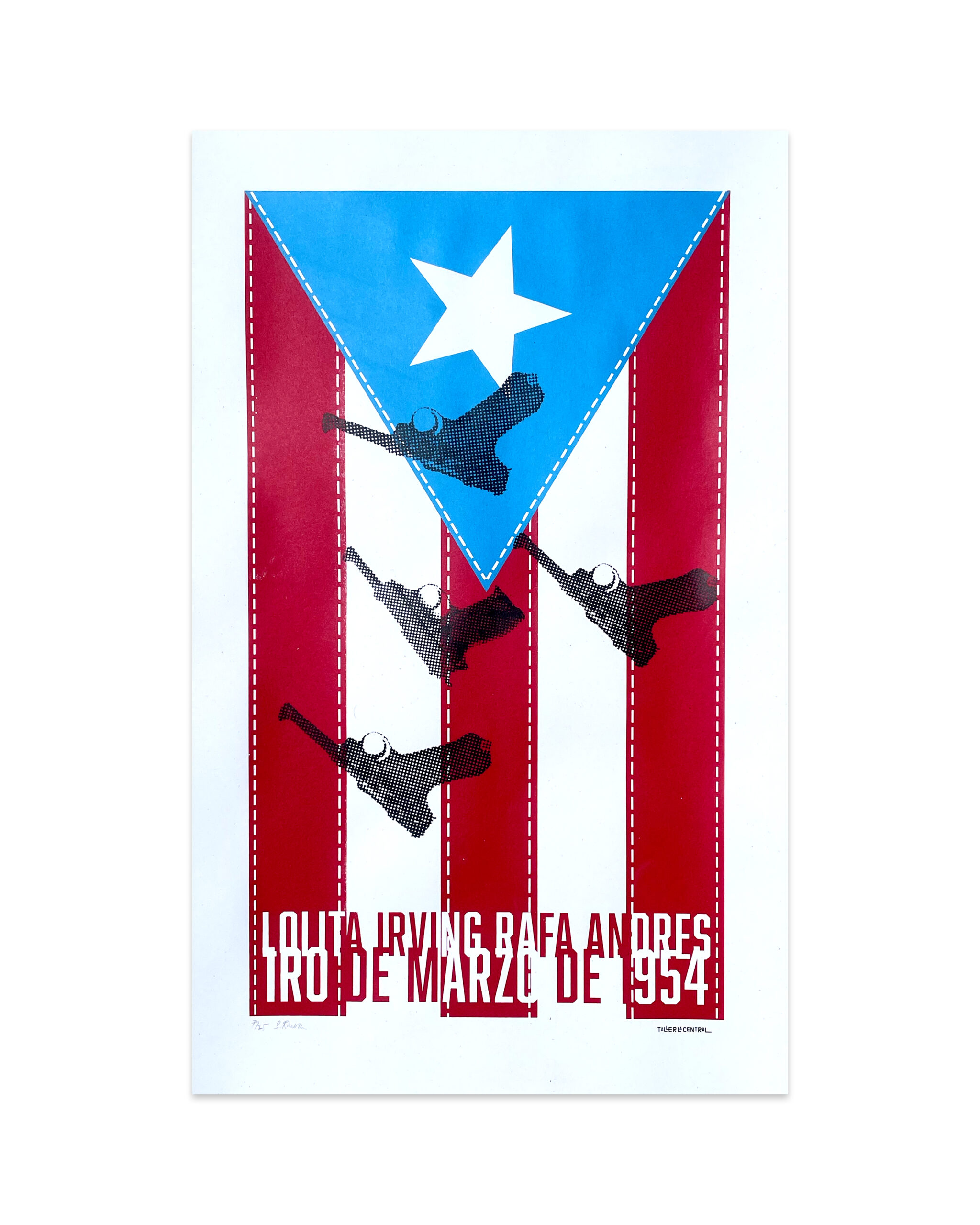 A Puerto Rican is displayed vertically with Luger pistols printed atop